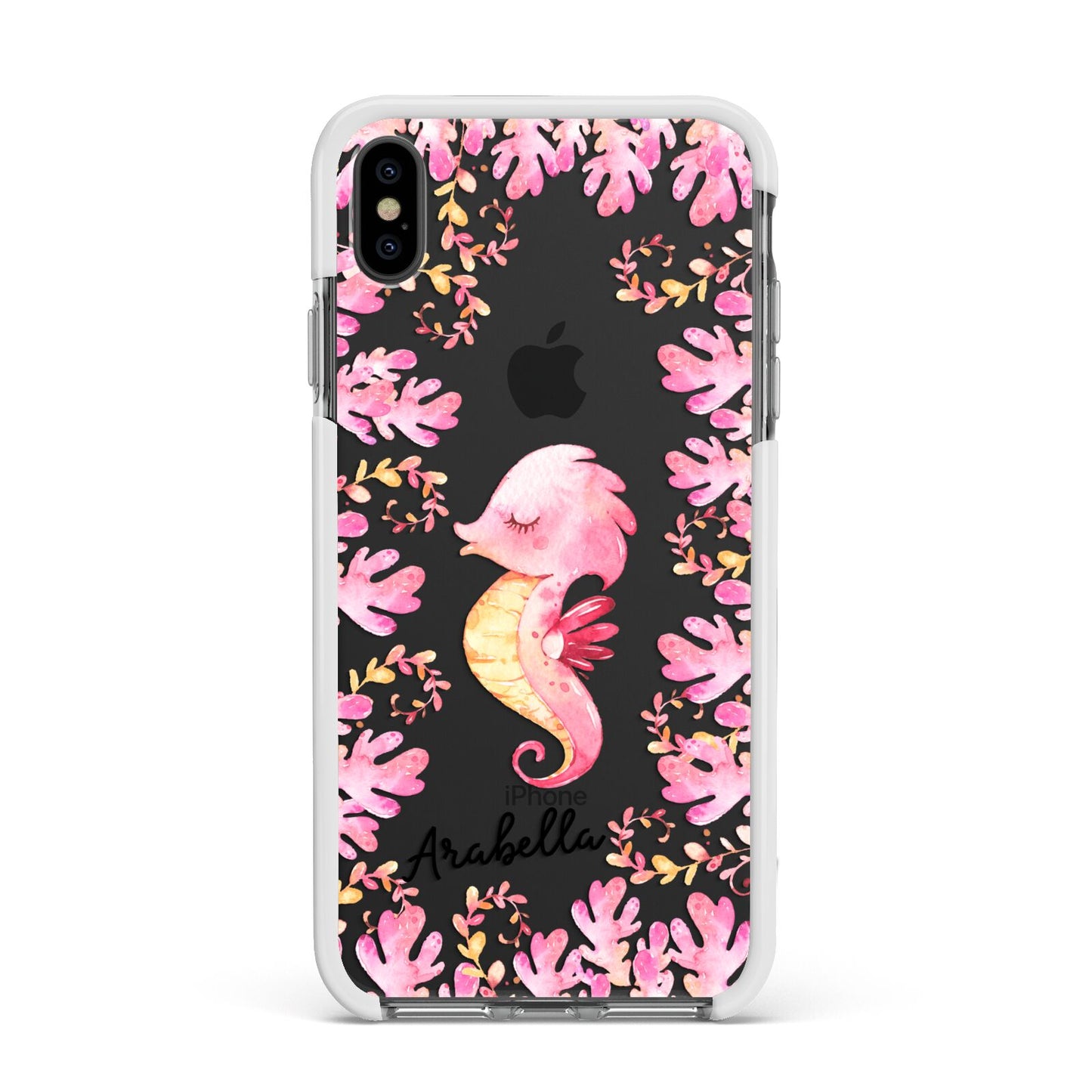 Personalised Pink Seahorse Apple iPhone Xs Max Impact Case White Edge on Black Phone