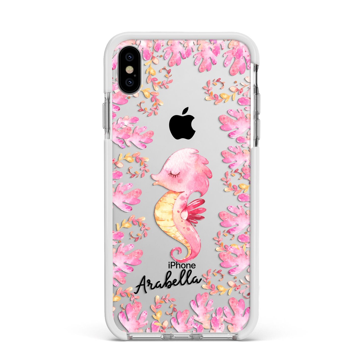 Personalised Pink Seahorse Apple iPhone Xs Max Impact Case White Edge on Silver Phone