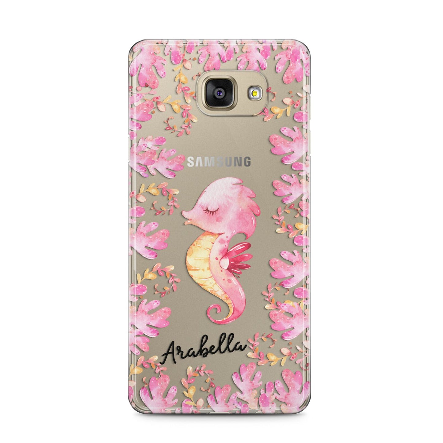 Personalised Pink Seahorse Samsung Galaxy A5 2016 Case on gold phone