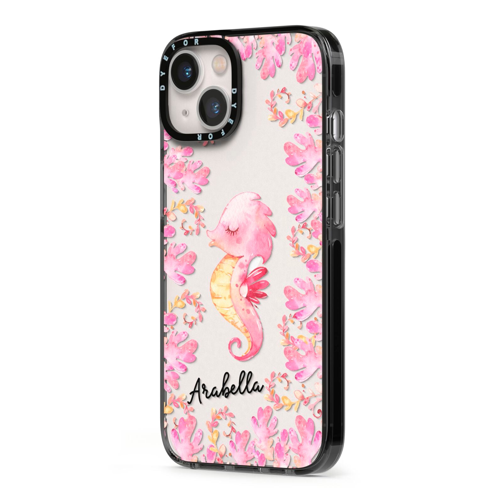 Personalised Pink Seahorse iPhone 13 Black Impact Case Side Angle on Silver phone