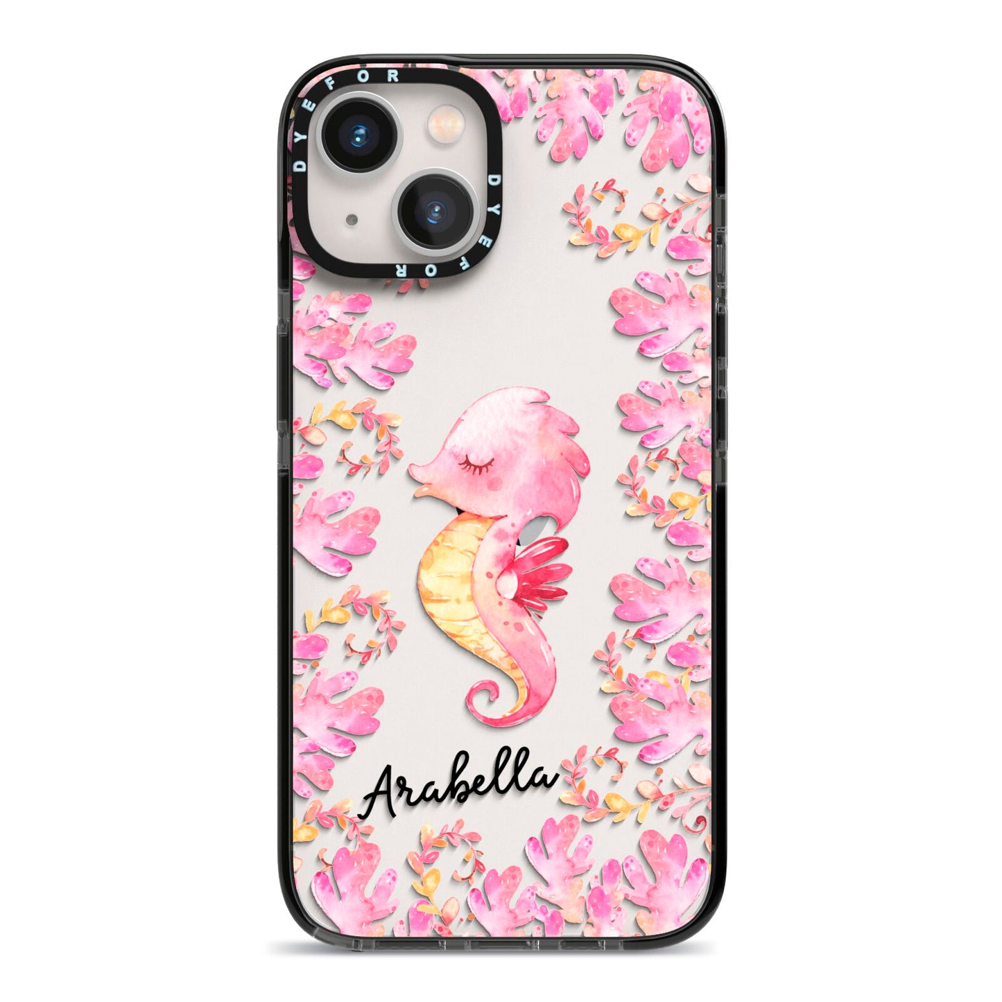 Personalised Pink Seahorse iPhone 13 Black Impact Case on Silver phone