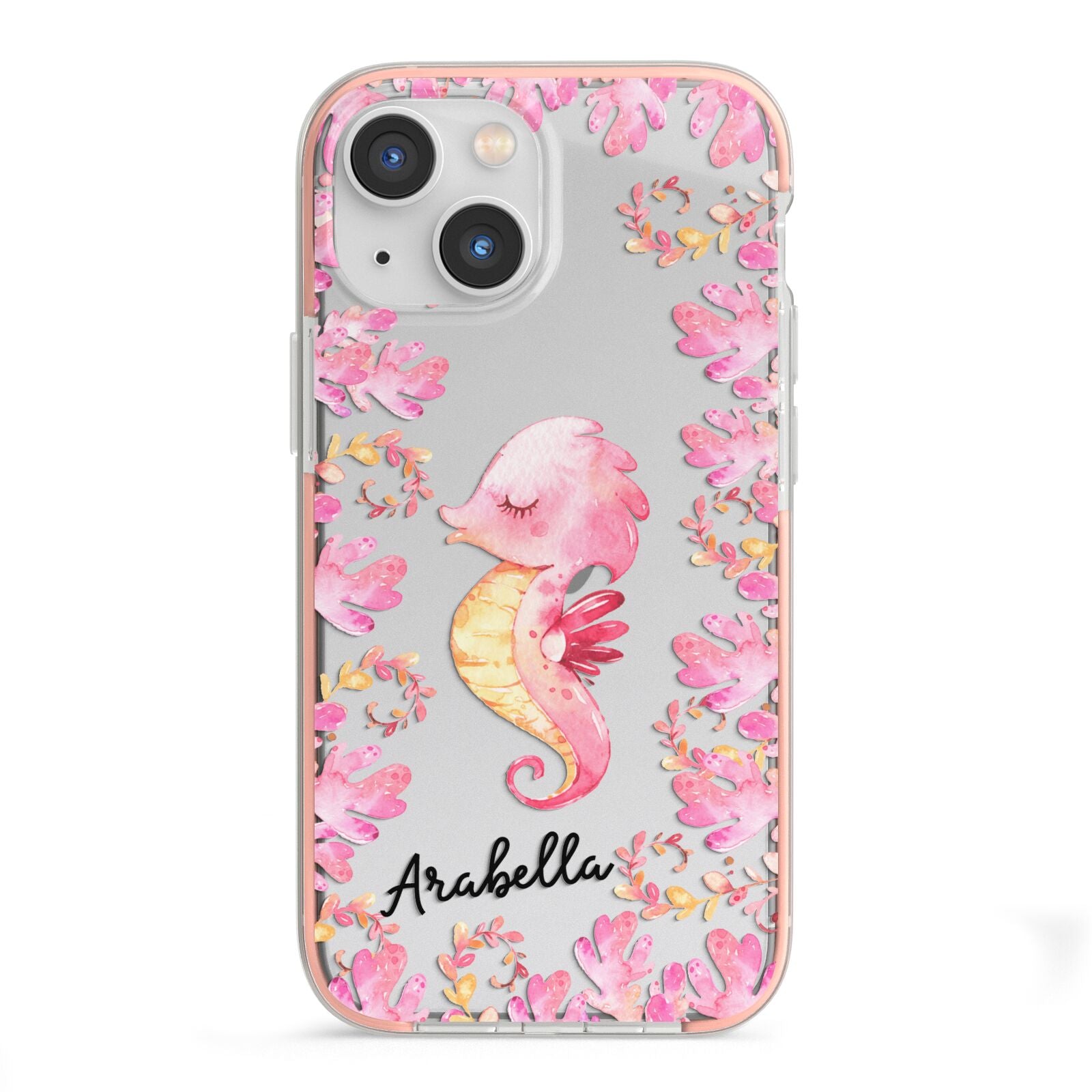 Personalised Pink Seahorse iPhone 13 Mini TPU Impact Case with Pink Edges