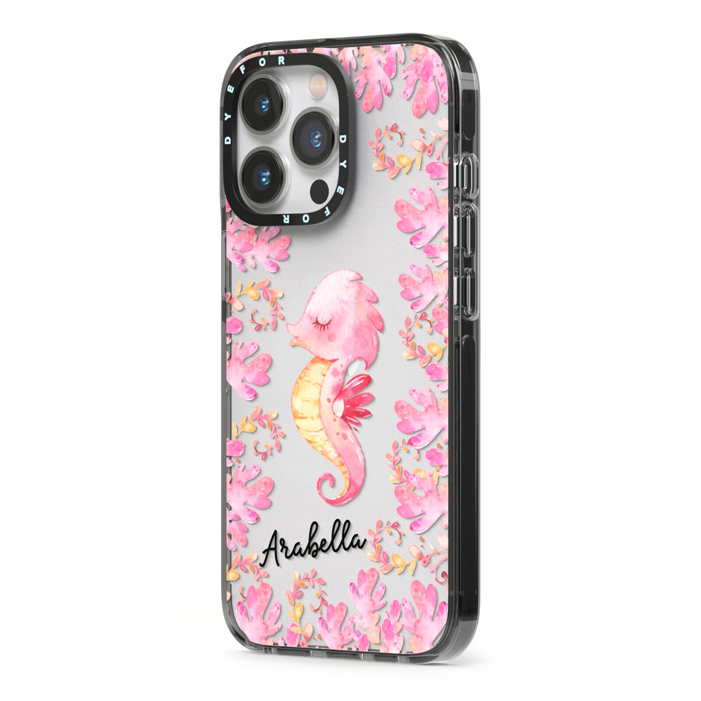 Personalised Pink Seahorse iPhone 13 Pro Black Impact Case Side Angle on Silver phone