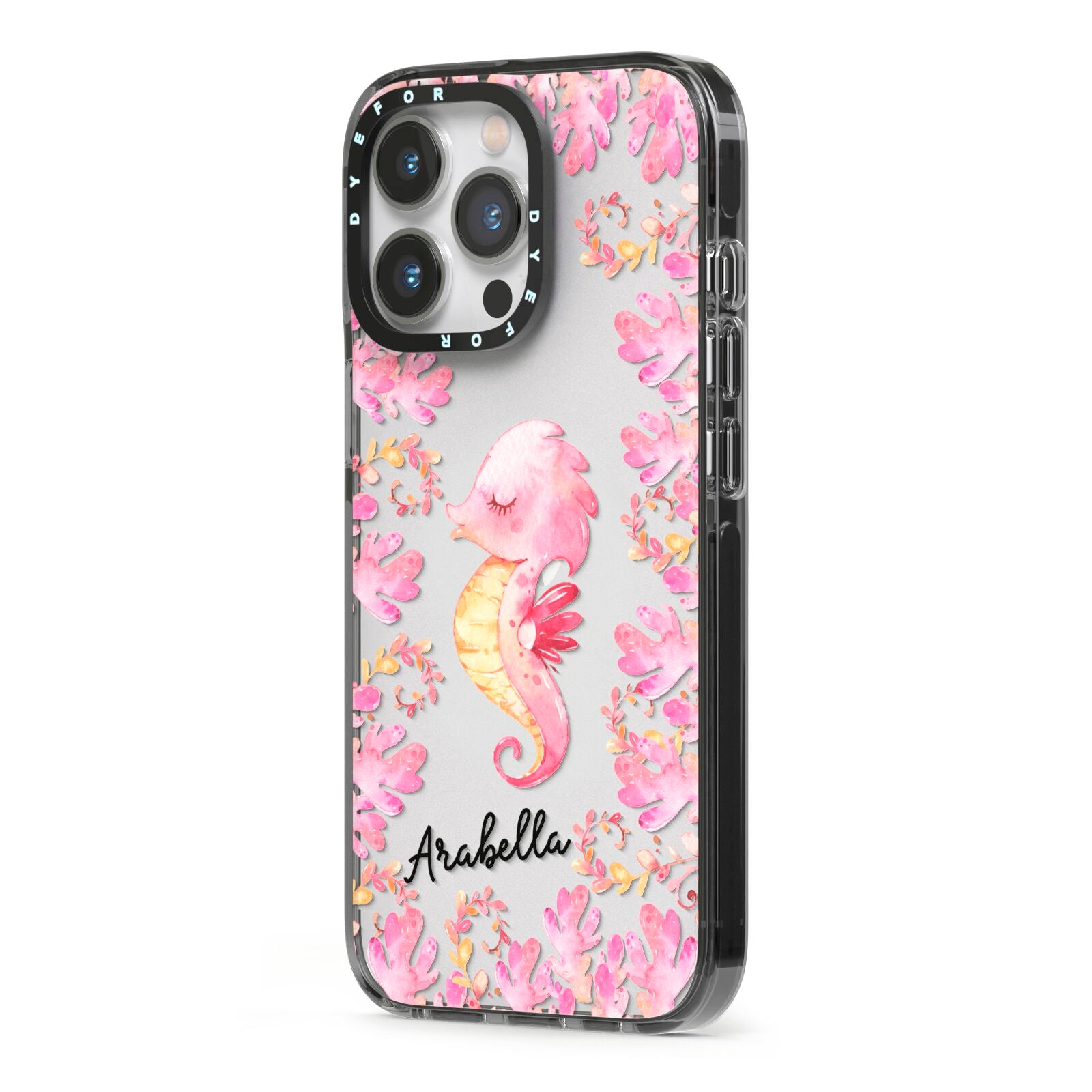 Personalised Pink Seahorse iPhone 13 Pro Black Impact Case Side Angle on Silver phone