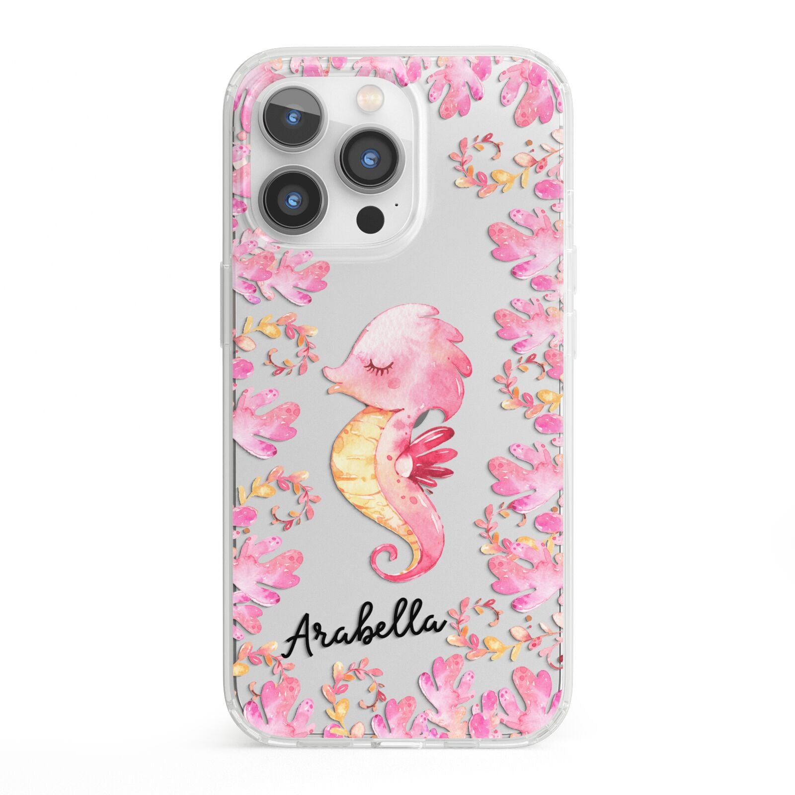 Personalised Pink Seahorse iPhone 13 Pro Clear Bumper Case