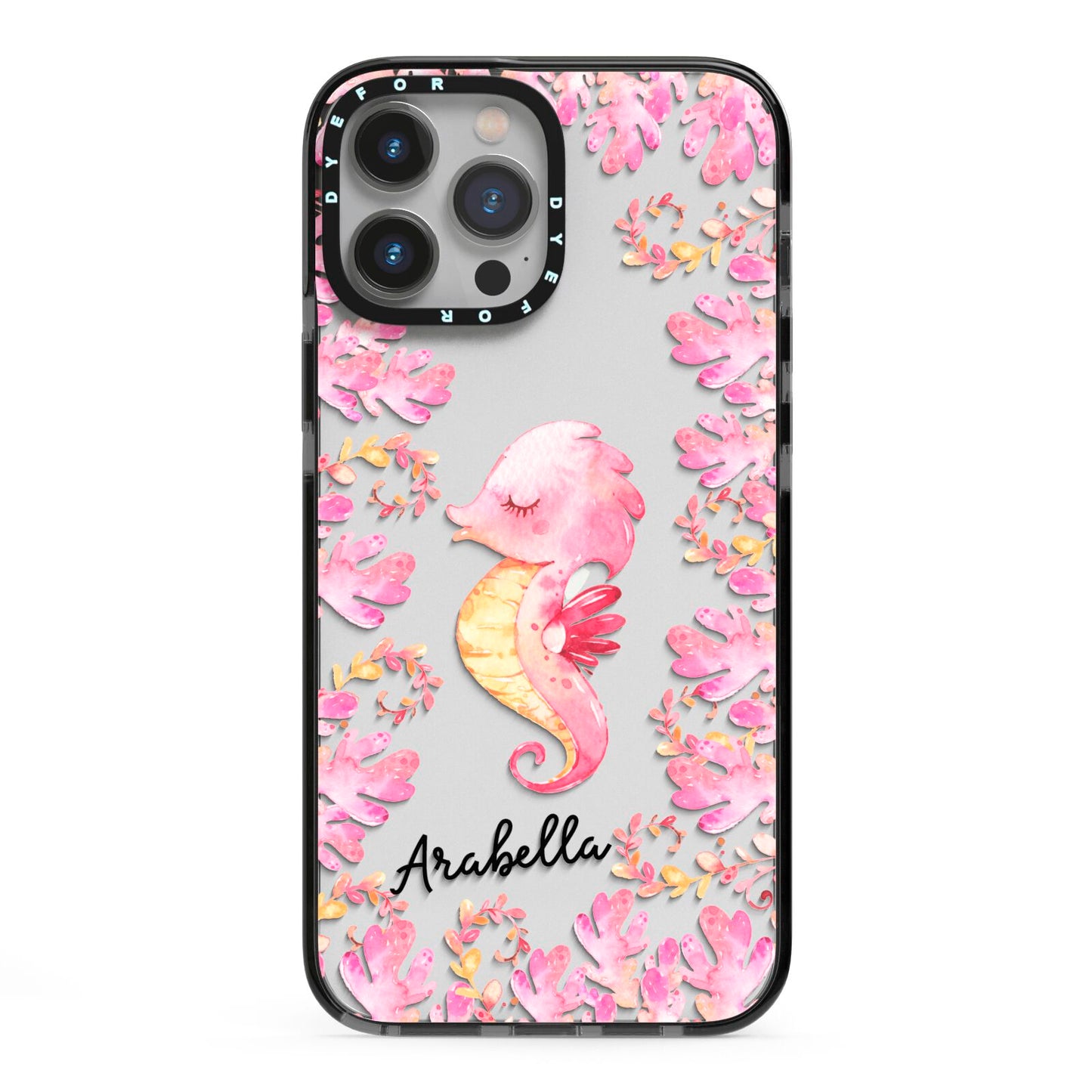 Personalised Pink Seahorse iPhone 13 Pro Max Black Impact Case on Silver phone