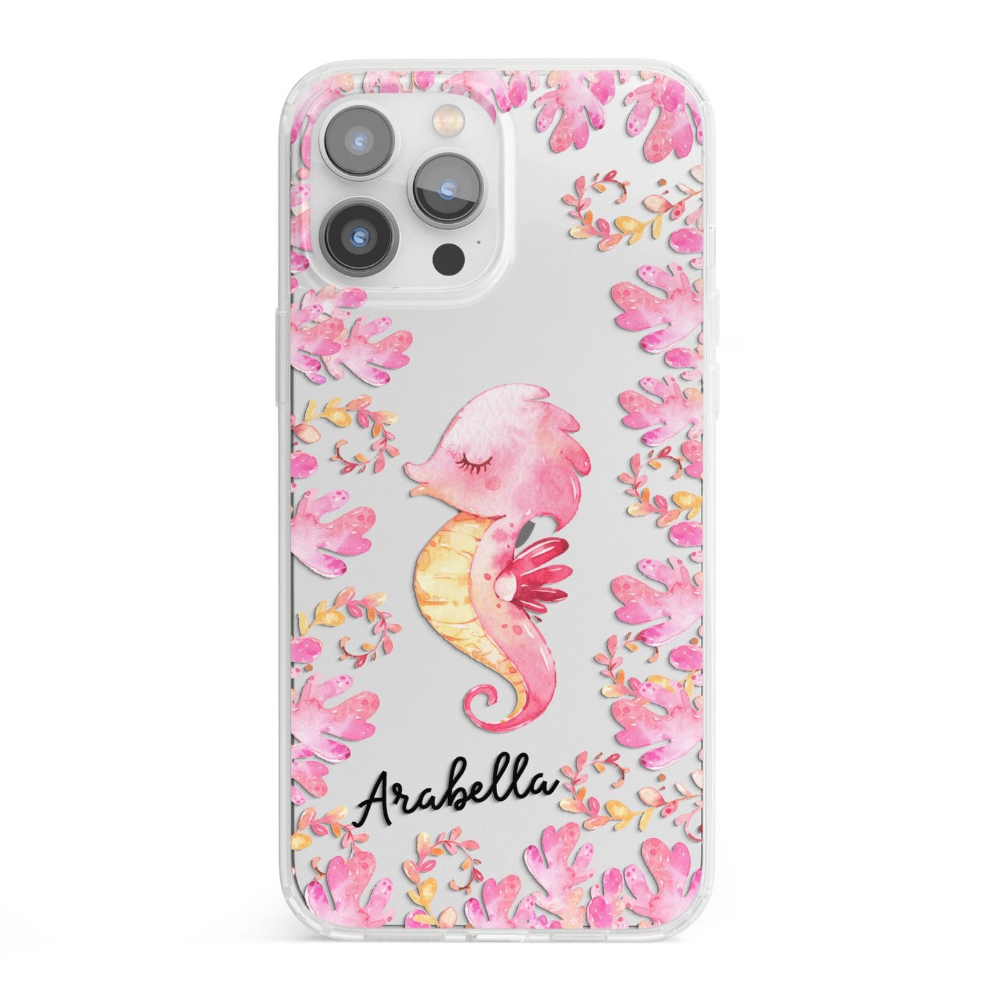 Personalised Pink Seahorse iPhone 13 Pro Max Clear Bumper Case
