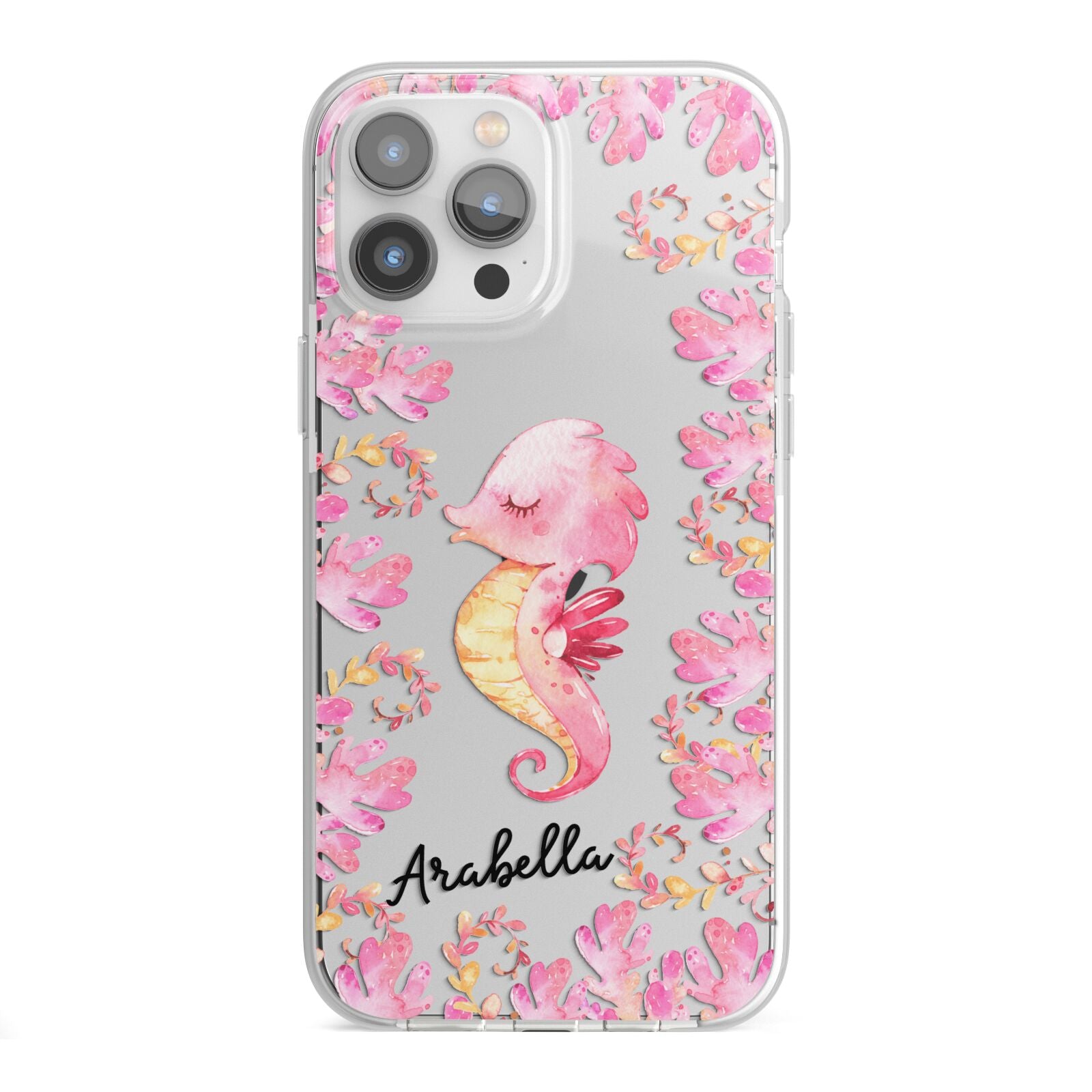 Personalised Pink Seahorse iPhone 13 Pro Max TPU Impact Case with White Edges