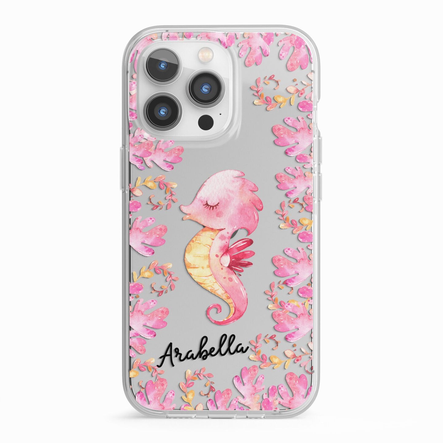 Personalised Pink Seahorse iPhone 13 Pro TPU Impact Case with White Edges