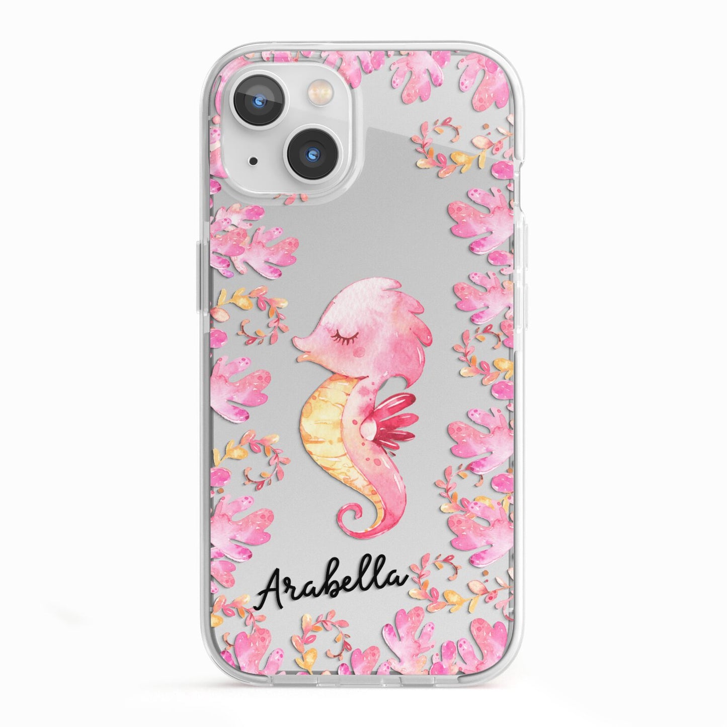 Personalised Pink Seahorse iPhone 13 TPU Impact Case with White Edges