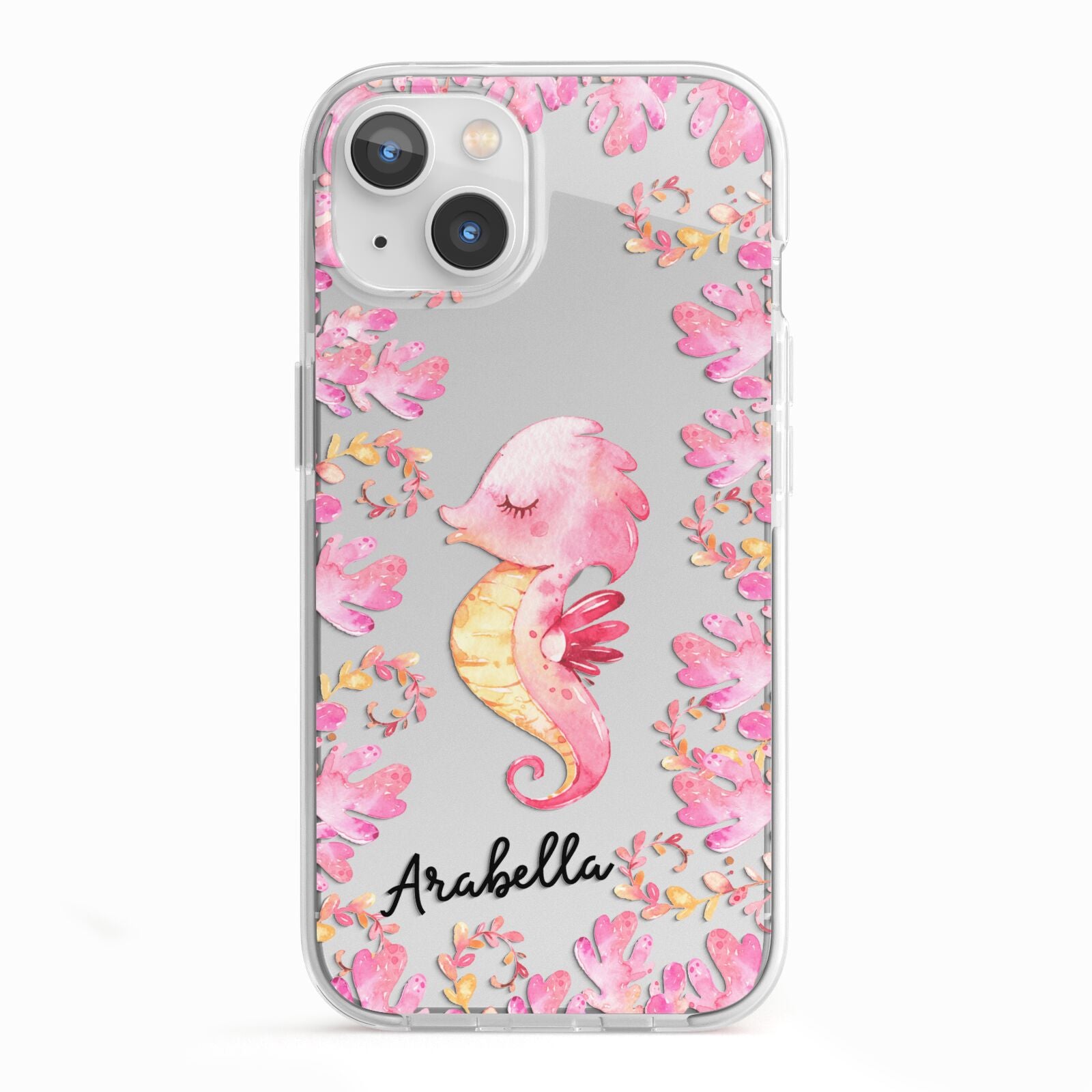 Personalised Pink Seahorse iPhone 13 TPU Impact Case with White Edges