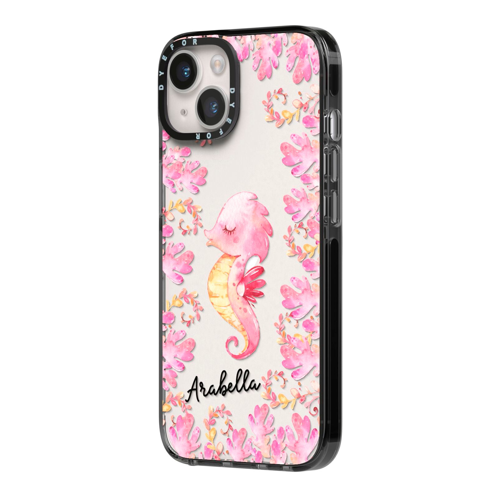 Personalised Pink Seahorse iPhone 14 Black Impact Case Side Angle on Silver phone