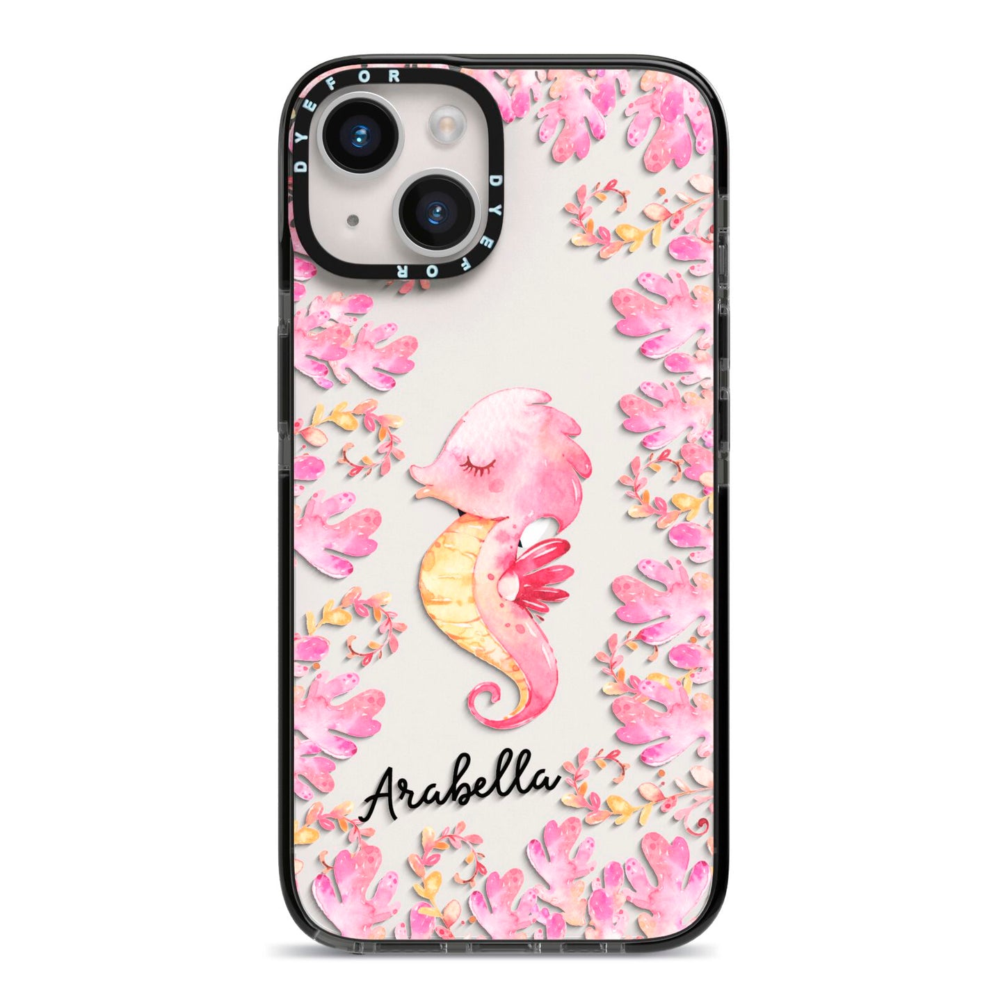 Personalised Pink Seahorse iPhone 14 Black Impact Case on Silver phone