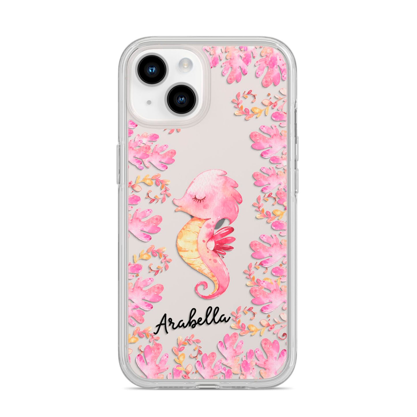 Personalised Pink Seahorse iPhone 14 Clear Tough Case Starlight