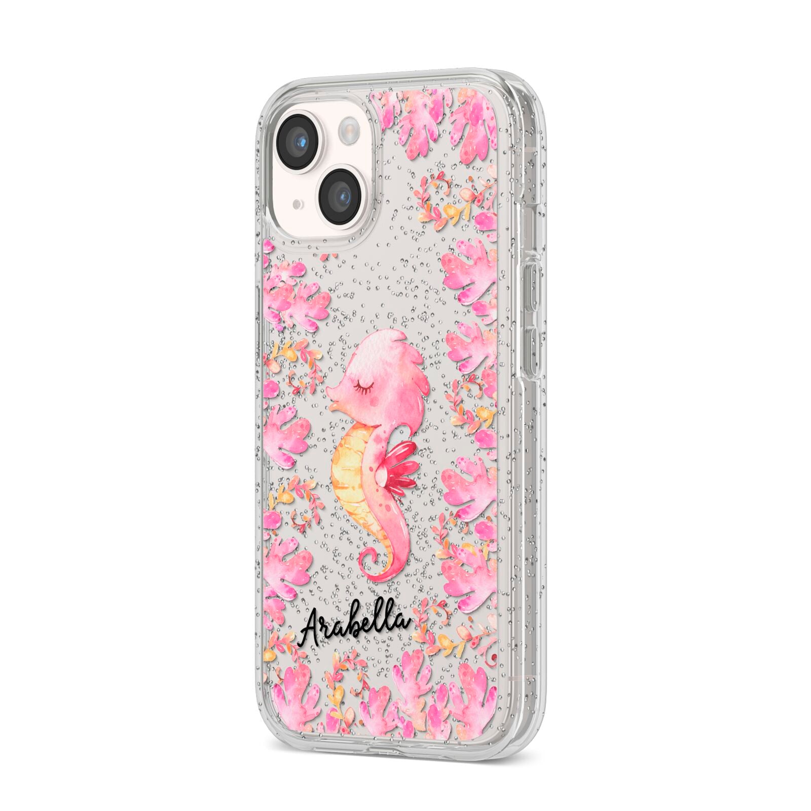 Personalised Pink Seahorse iPhone 14 Glitter Tough Case Starlight Angled Image