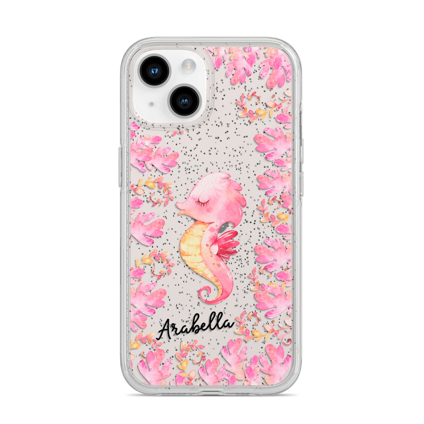 Personalised Pink Seahorse iPhone 14 Glitter Tough Case Starlight