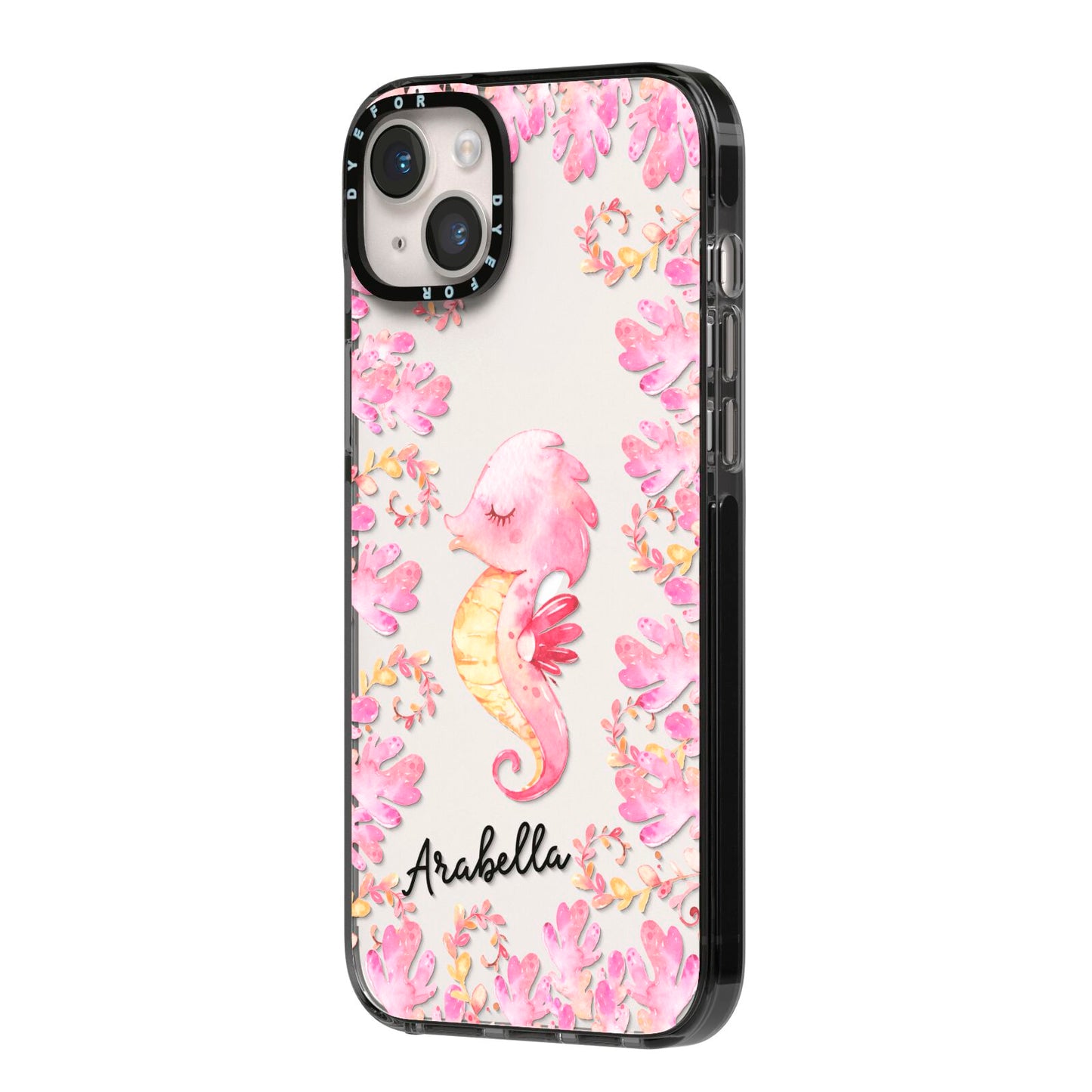 Personalised Pink Seahorse iPhone 14 Plus Black Impact Case Side Angle on Silver phone