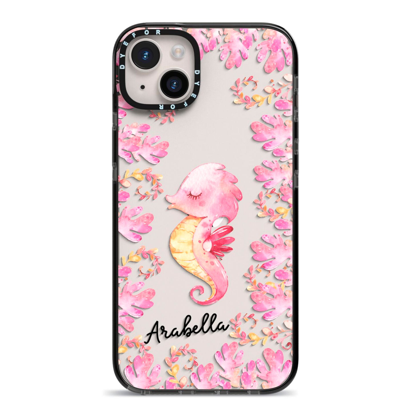 Personalised Pink Seahorse iPhone 14 Plus Black Impact Case on Silver phone