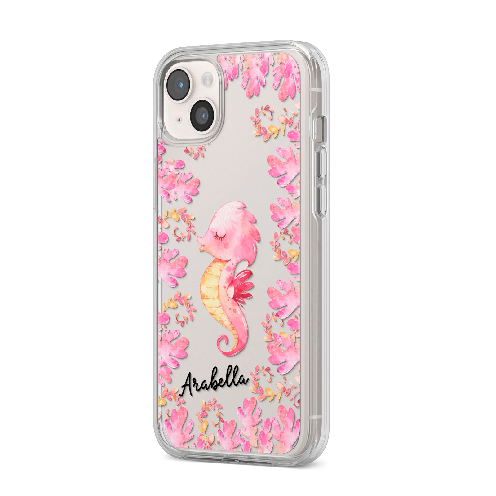 Personalised Pink Seahorse iPhone 14 Plus Clear Tough Case Starlight Angled Image
