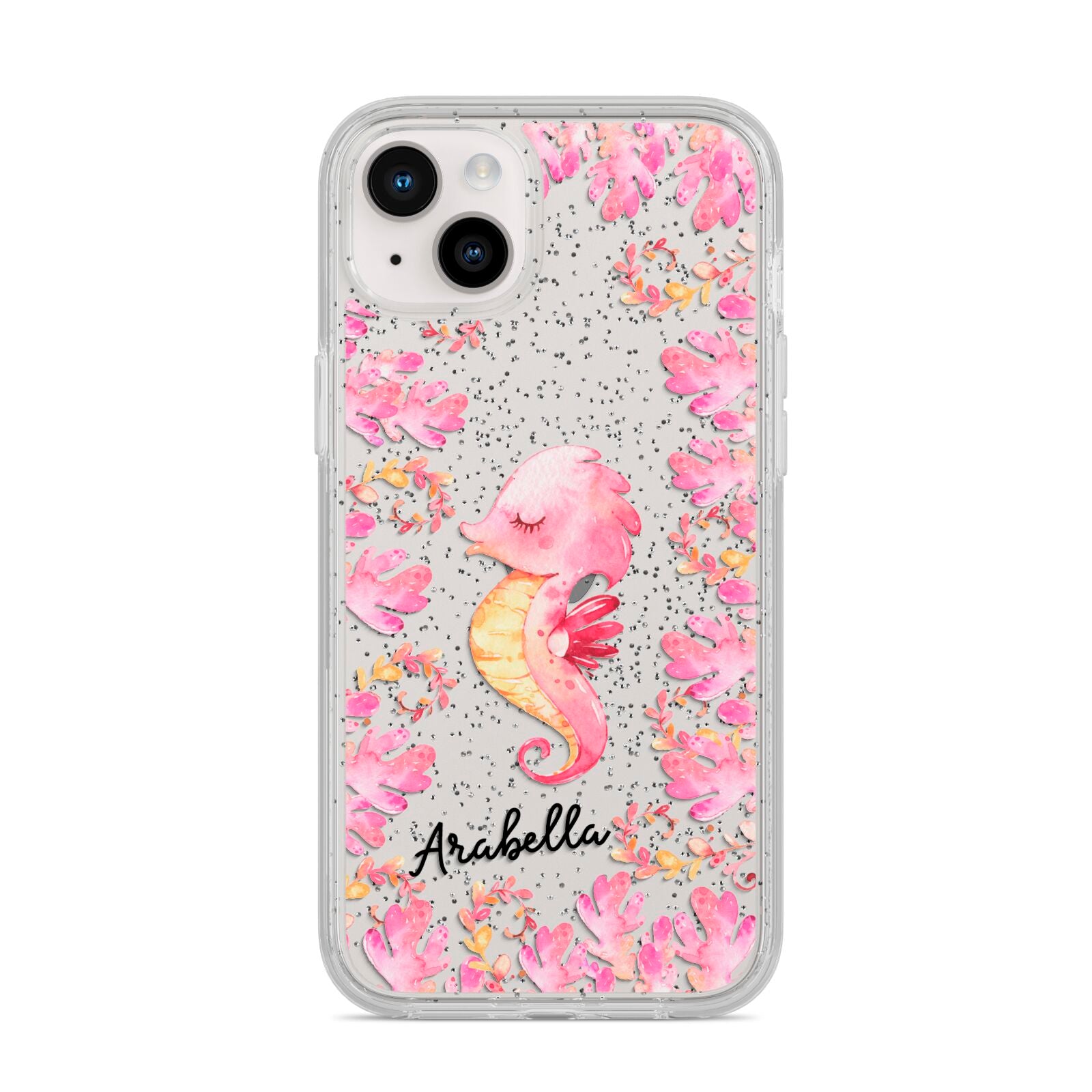Personalised Pink Seahorse iPhone 14 Plus Glitter Tough Case Starlight