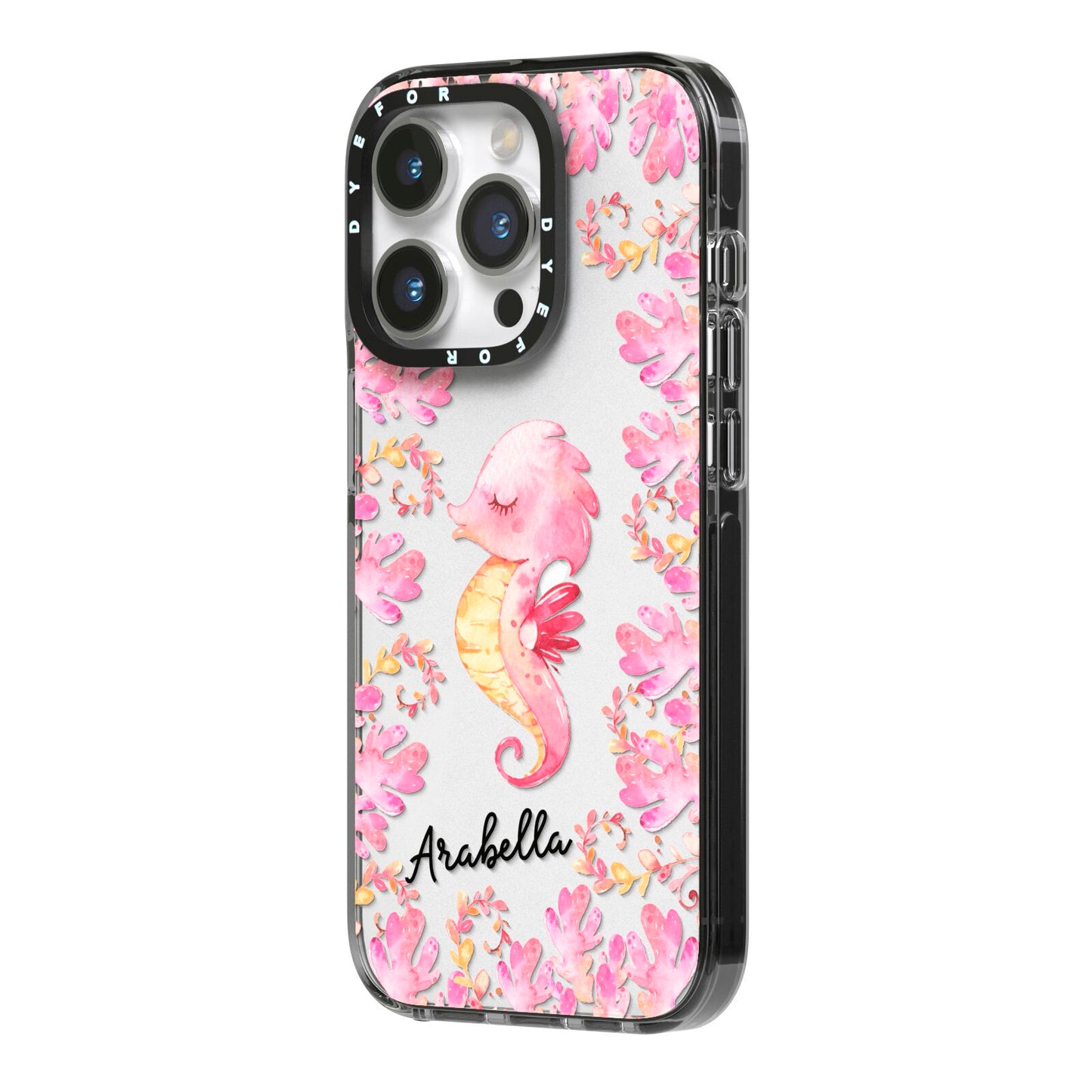 Personalised Pink Seahorse iPhone 14 Pro Black Impact Case Side Angle on Silver phone