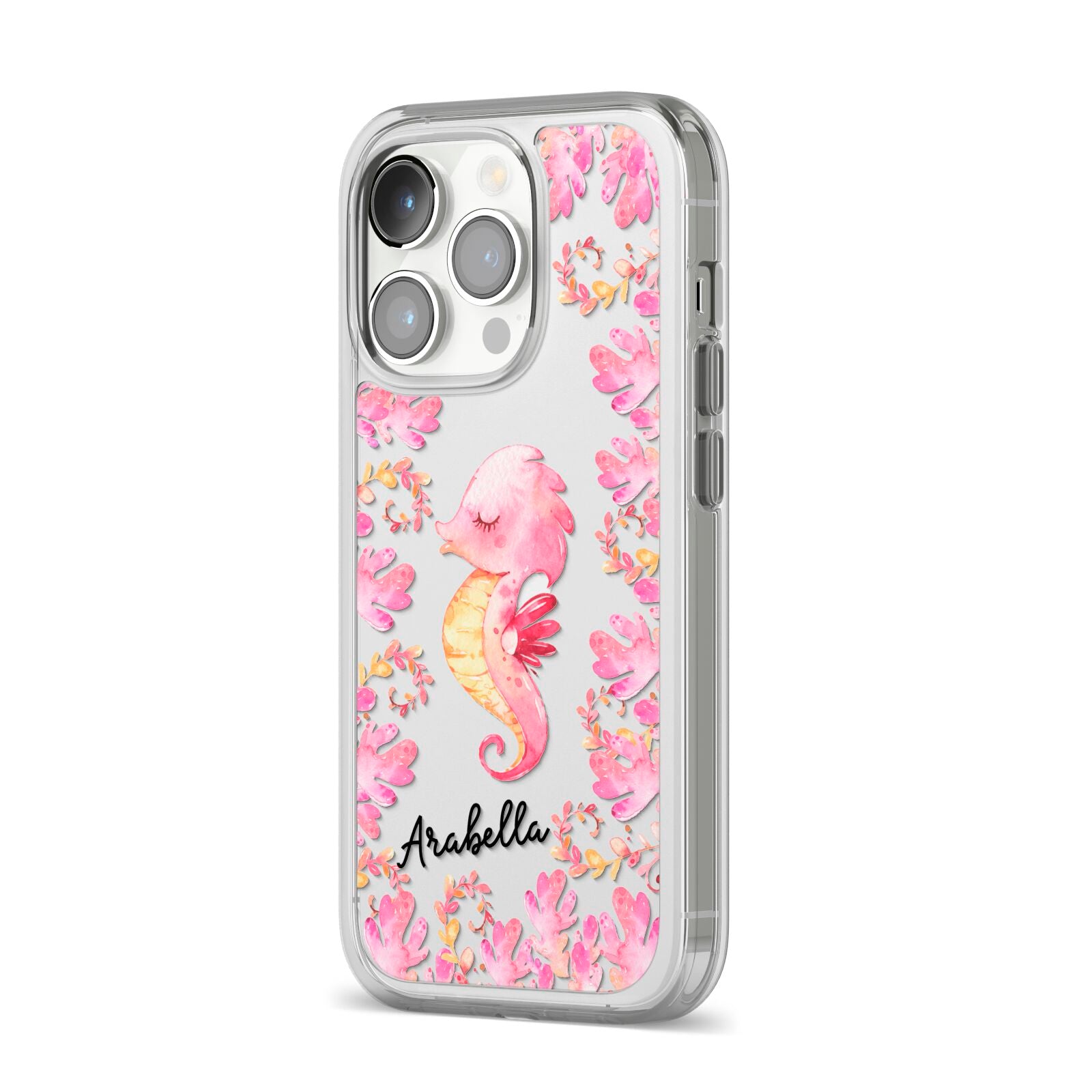 Personalised Pink Seahorse iPhone 14 Pro Clear Tough Case Silver Angled Image