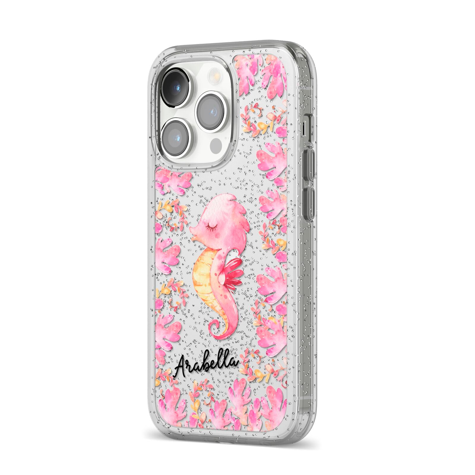 Personalised Pink Seahorse iPhone 14 Pro Glitter Tough Case Silver Angled Image