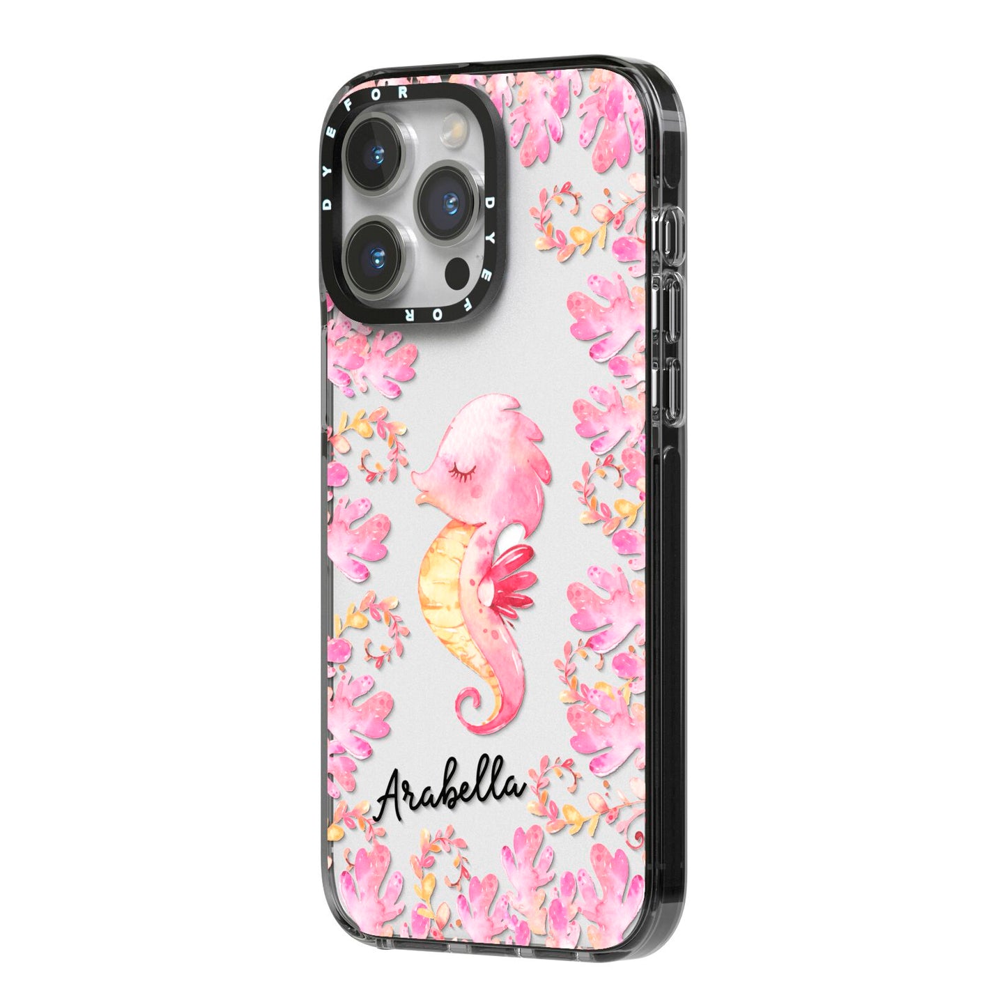 Personalised Pink Seahorse iPhone 14 Pro Max Black Impact Case Side Angle on Silver phone