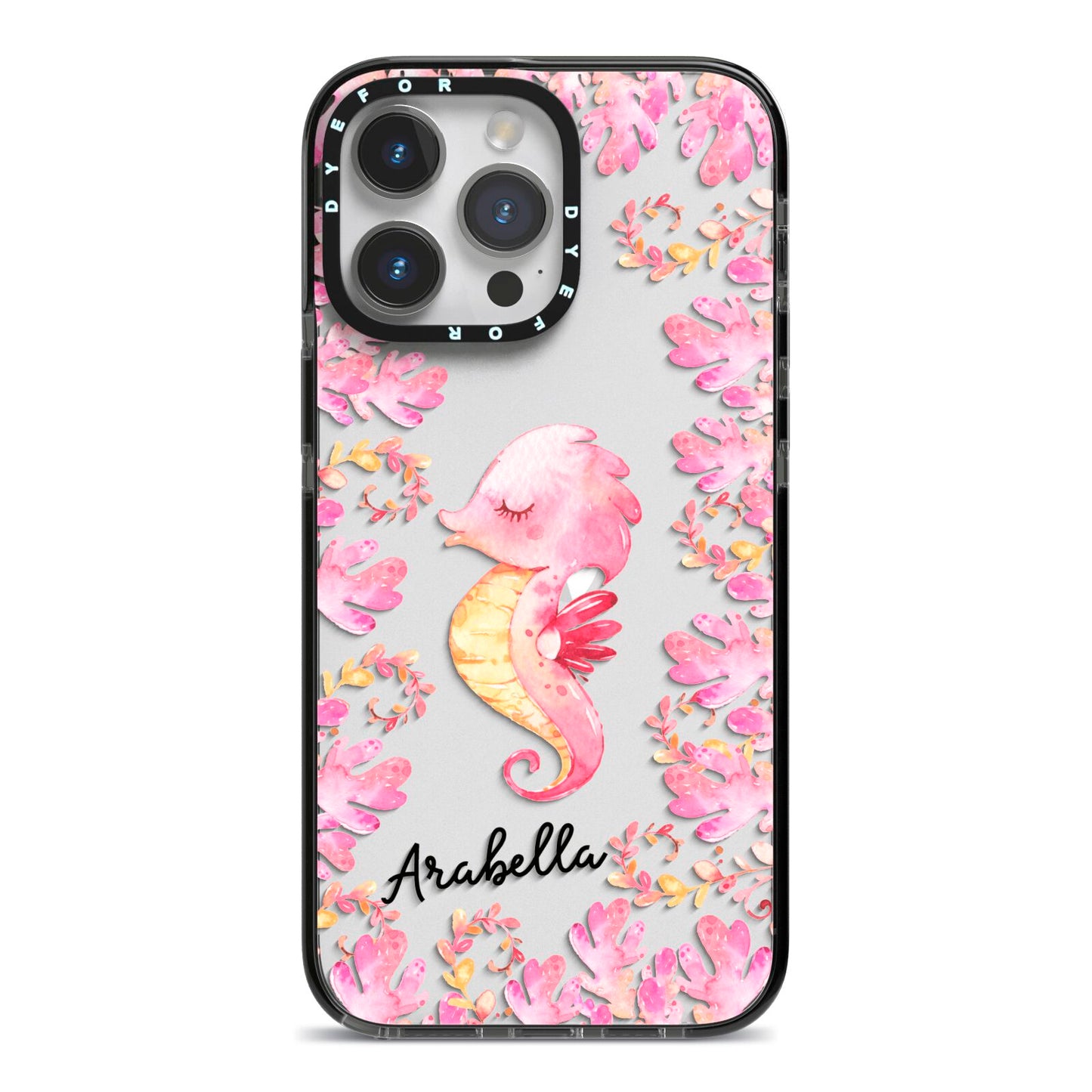 Personalised Pink Seahorse iPhone 14 Pro Max Black Impact Case on Silver phone