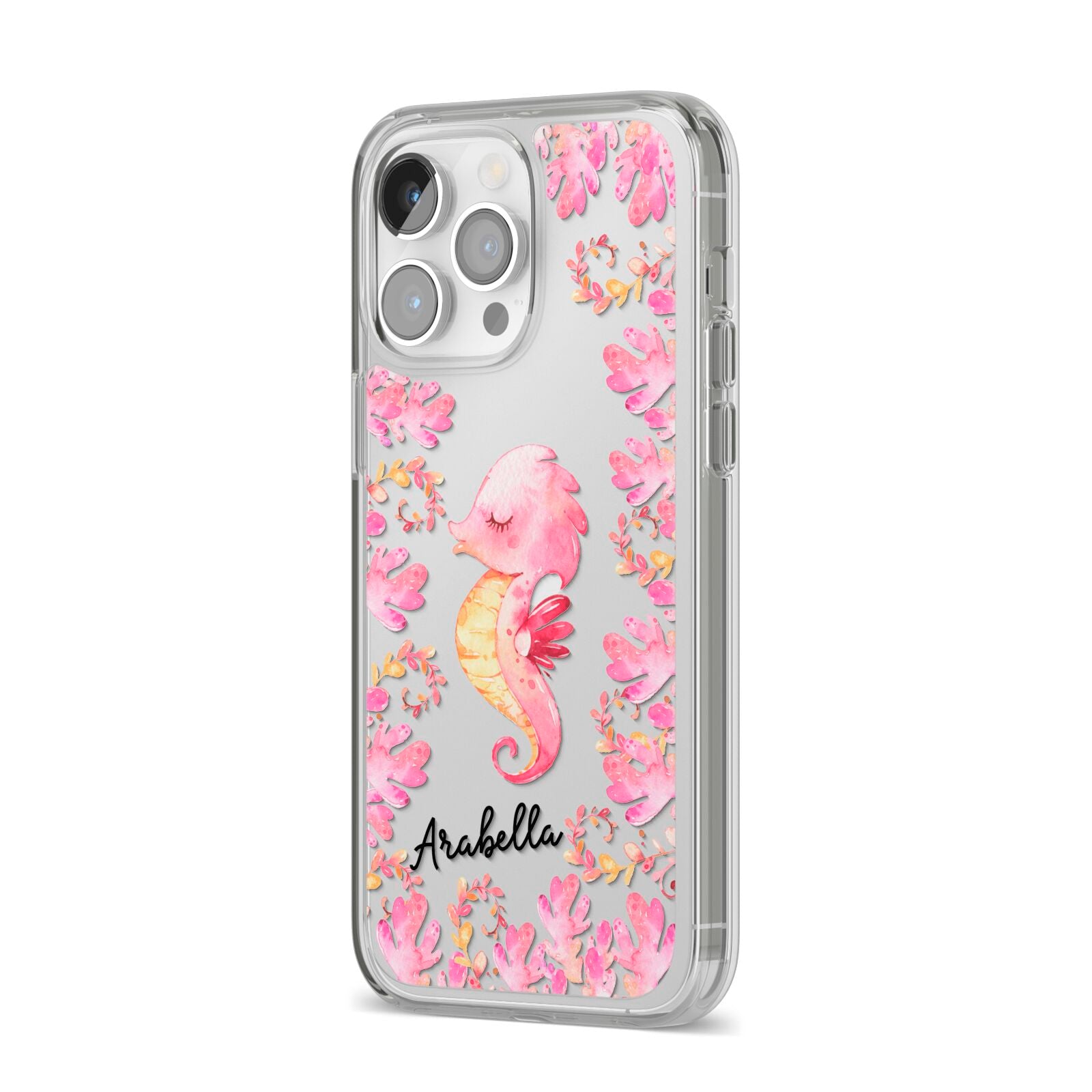 Personalised Pink Seahorse iPhone 14 Pro Max Clear Tough Case Silver Angled Image