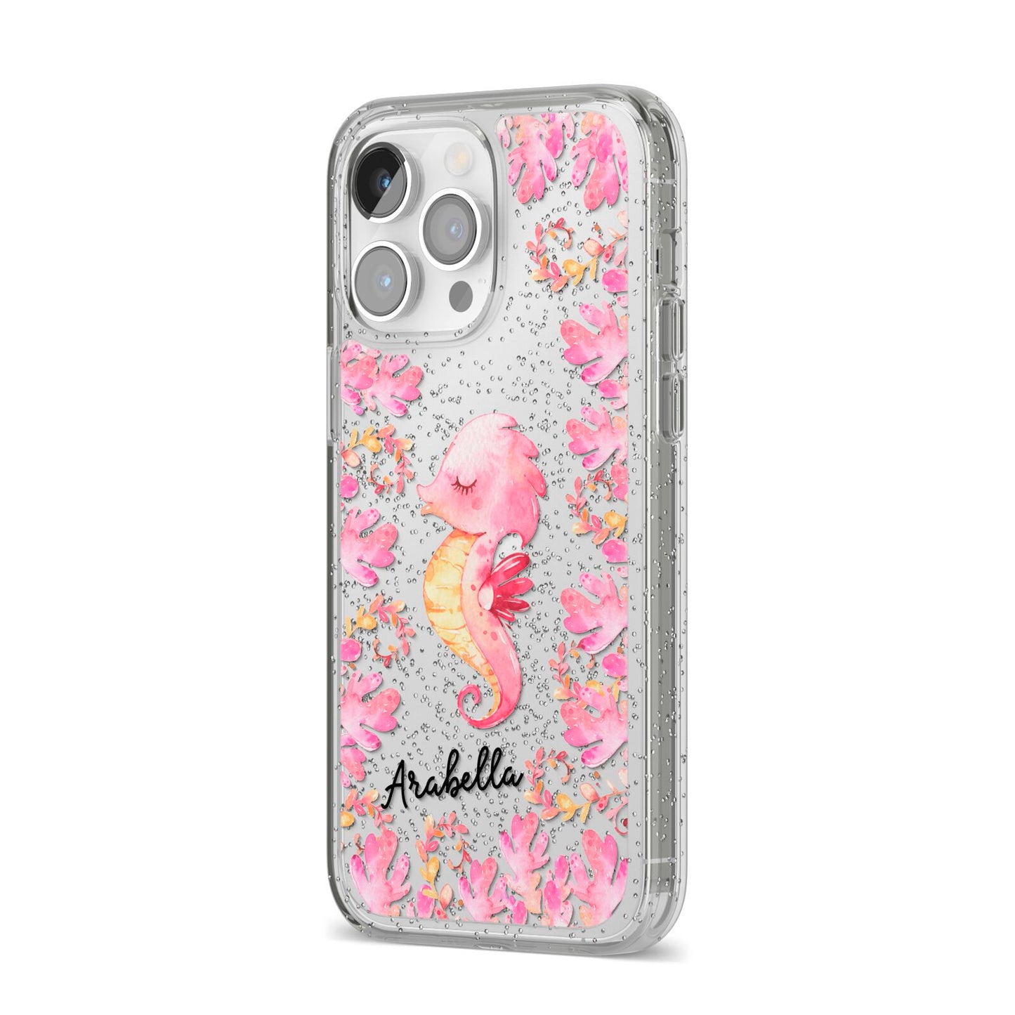 Personalised Pink Seahorse iPhone 14 Pro Max Glitter Tough Case Silver Angled Image