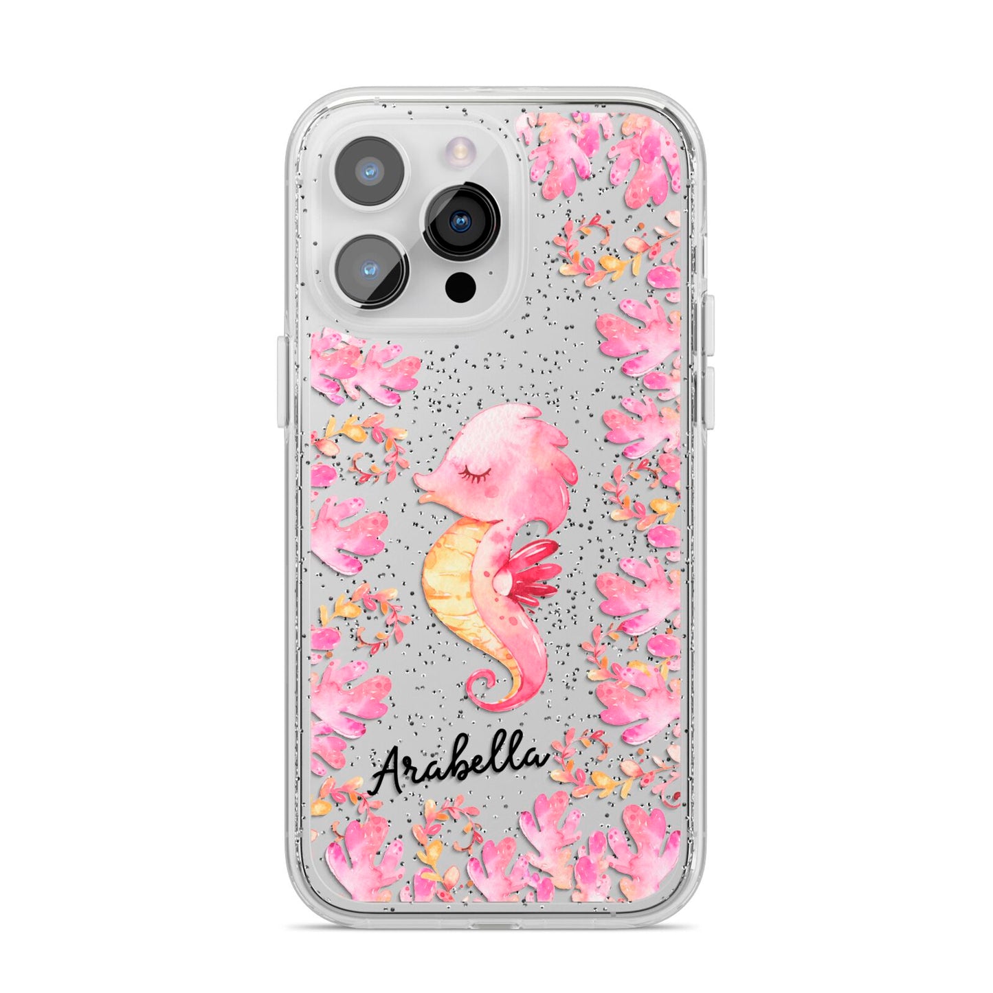 Personalised Pink Seahorse iPhone 14 Pro Max Glitter Tough Case Silver