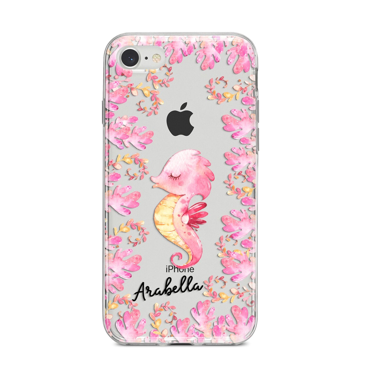 Personalised Pink Seahorse iPhone 8 Bumper Case on Silver iPhone