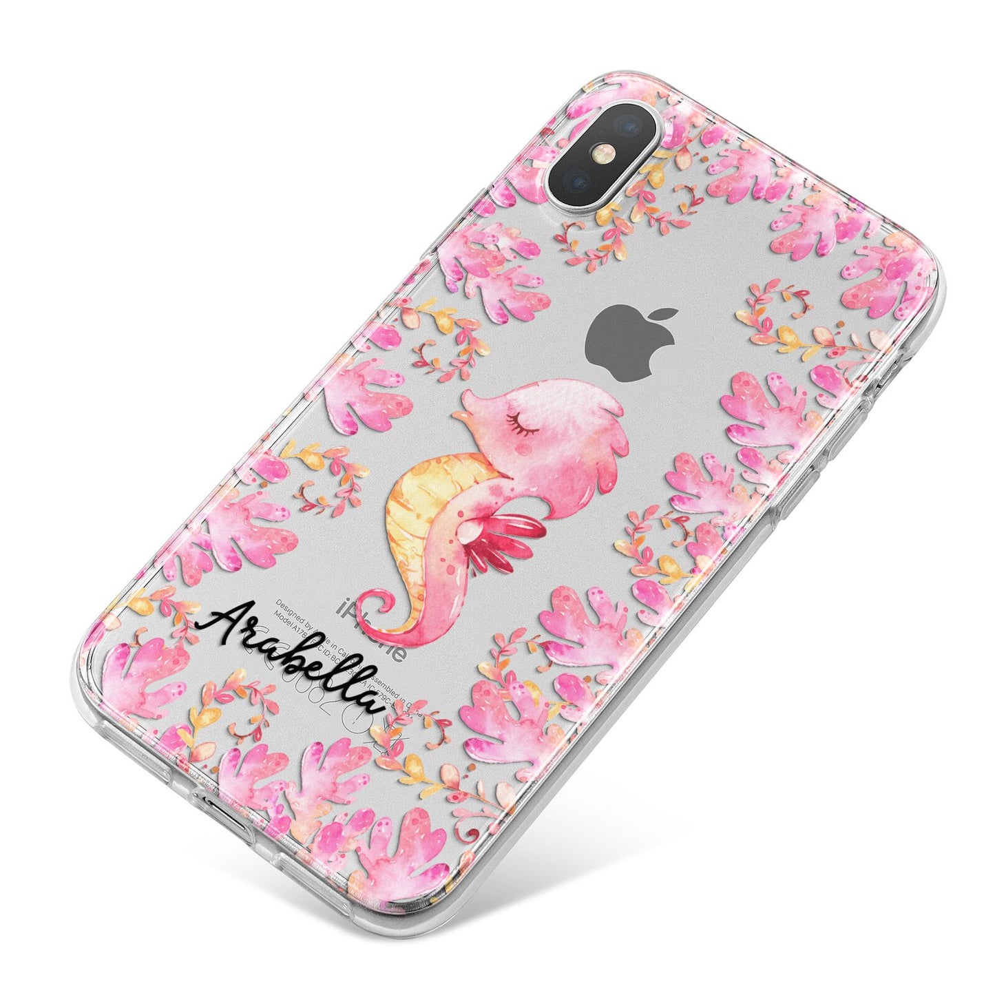 Personalised Pink Seahorse iPhone X Bumper Case on Silver iPhone