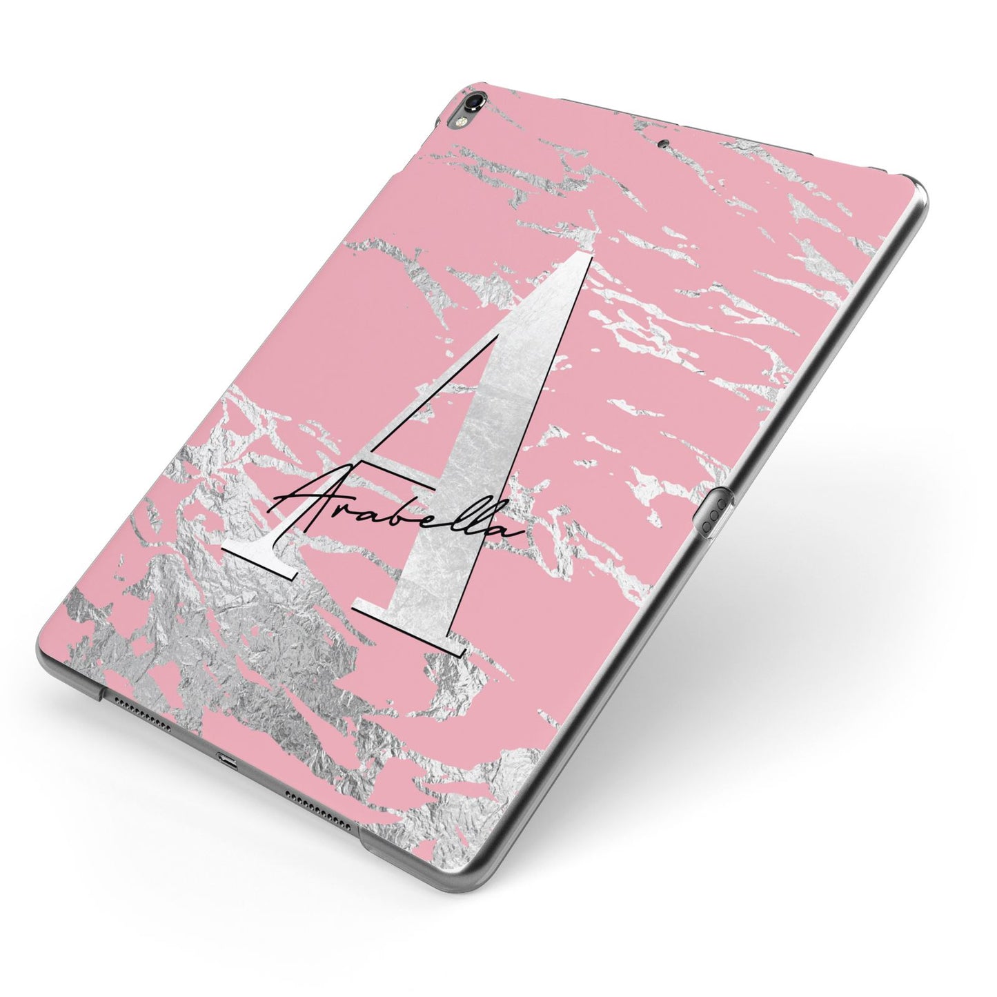 Personalised Pink Silver Apple iPad Case on Grey iPad Side View