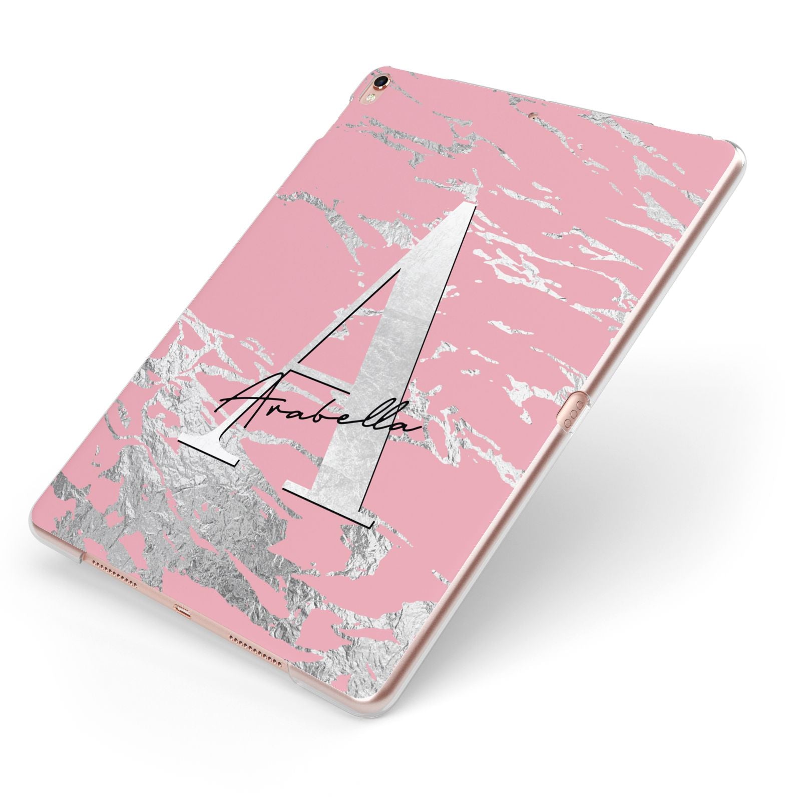 Personalised Pink Silver Apple iPad Case on Rose Gold iPad Side View