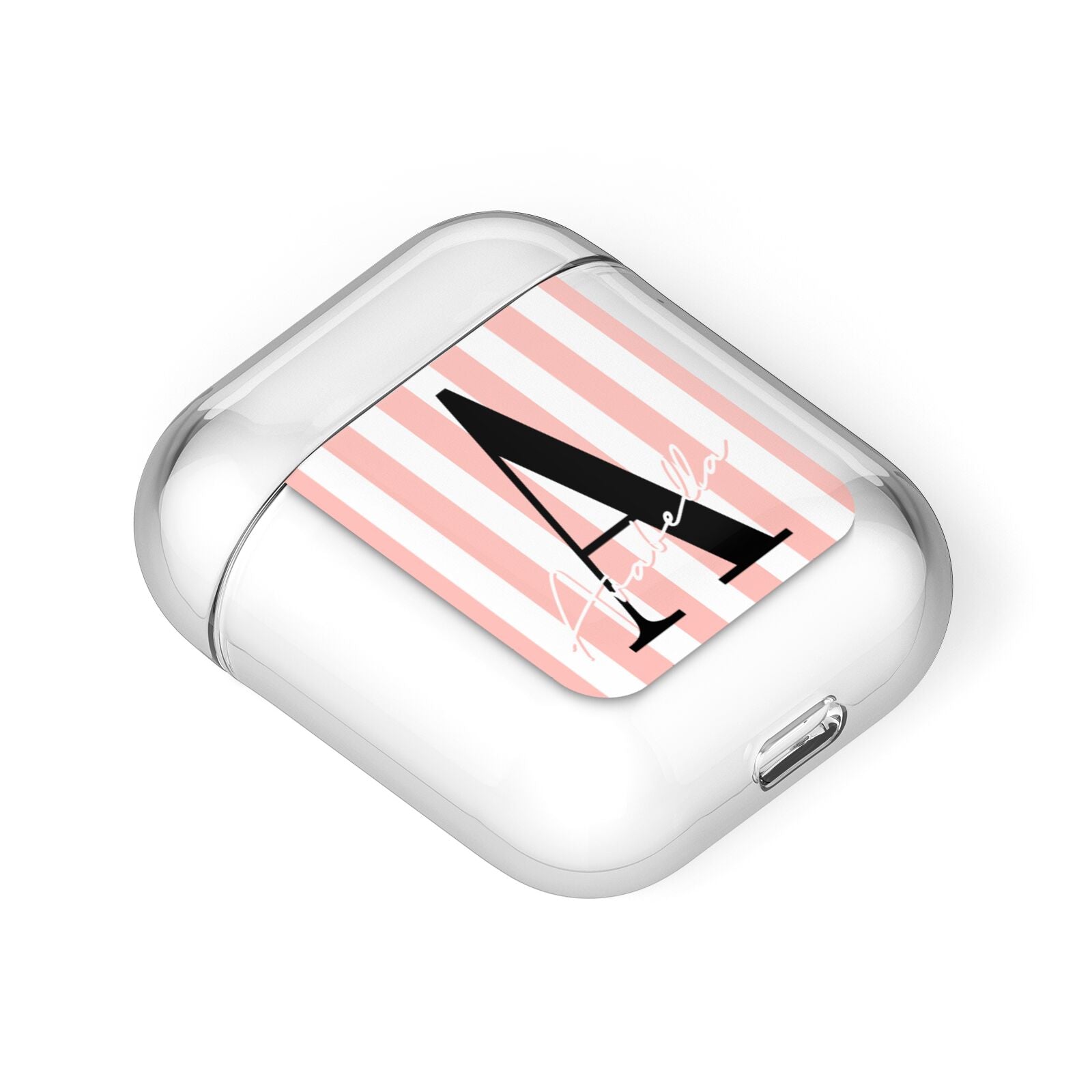 Personalised Pink Striped Initial AirPods Case Laid Flat