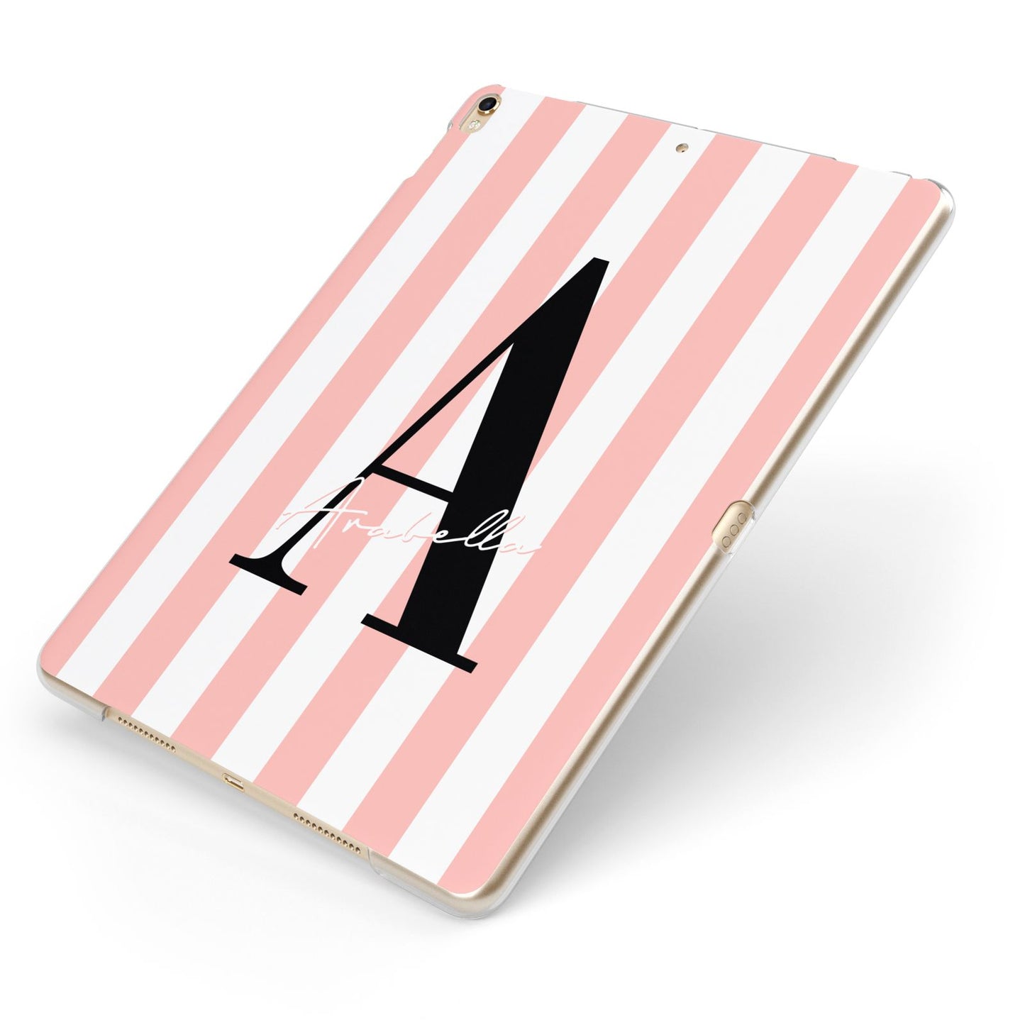 Personalised Pink Striped Initial Apple iPad Case on Gold iPad Side View