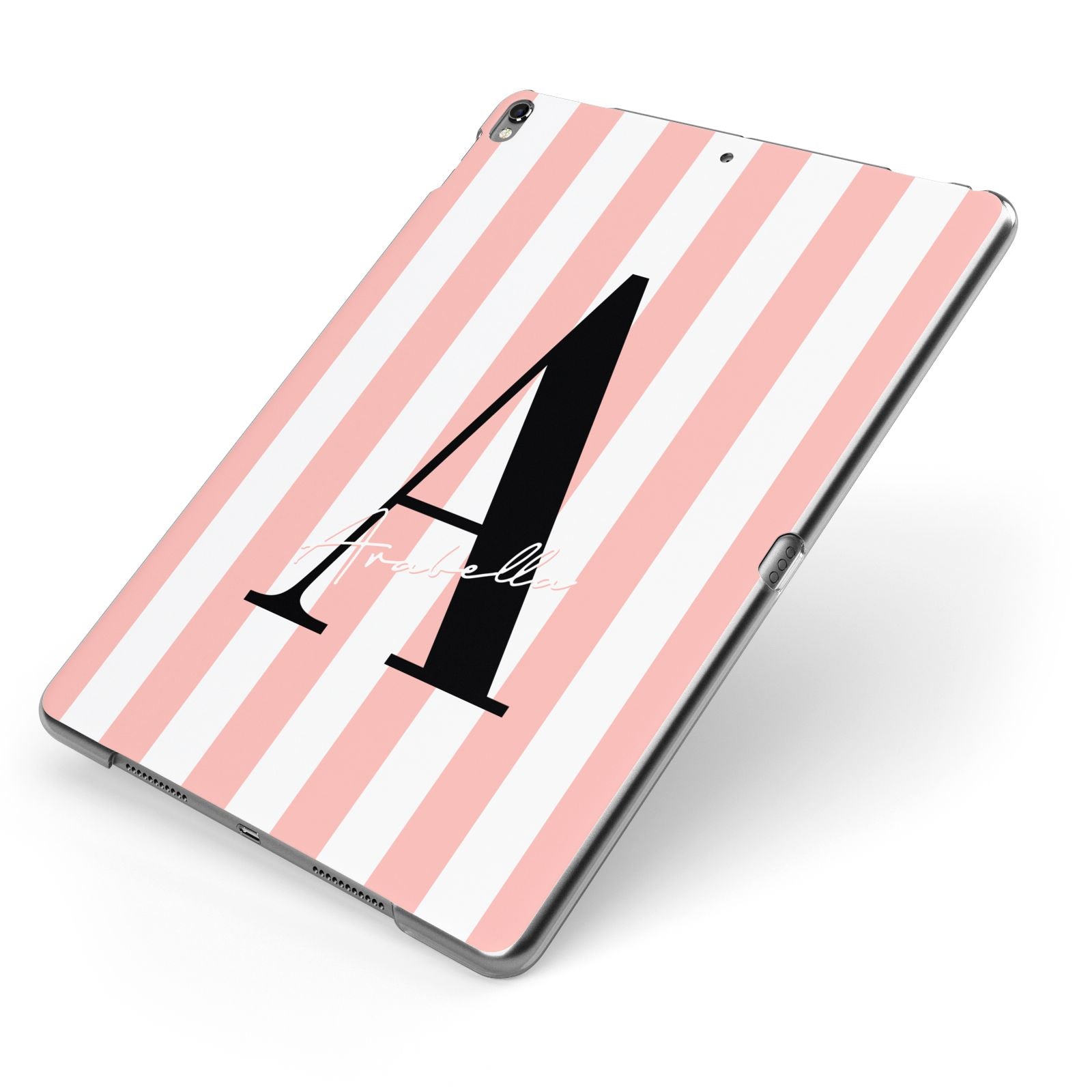 Personalised Pink Striped Initial Apple iPad Case on Grey iPad Side View