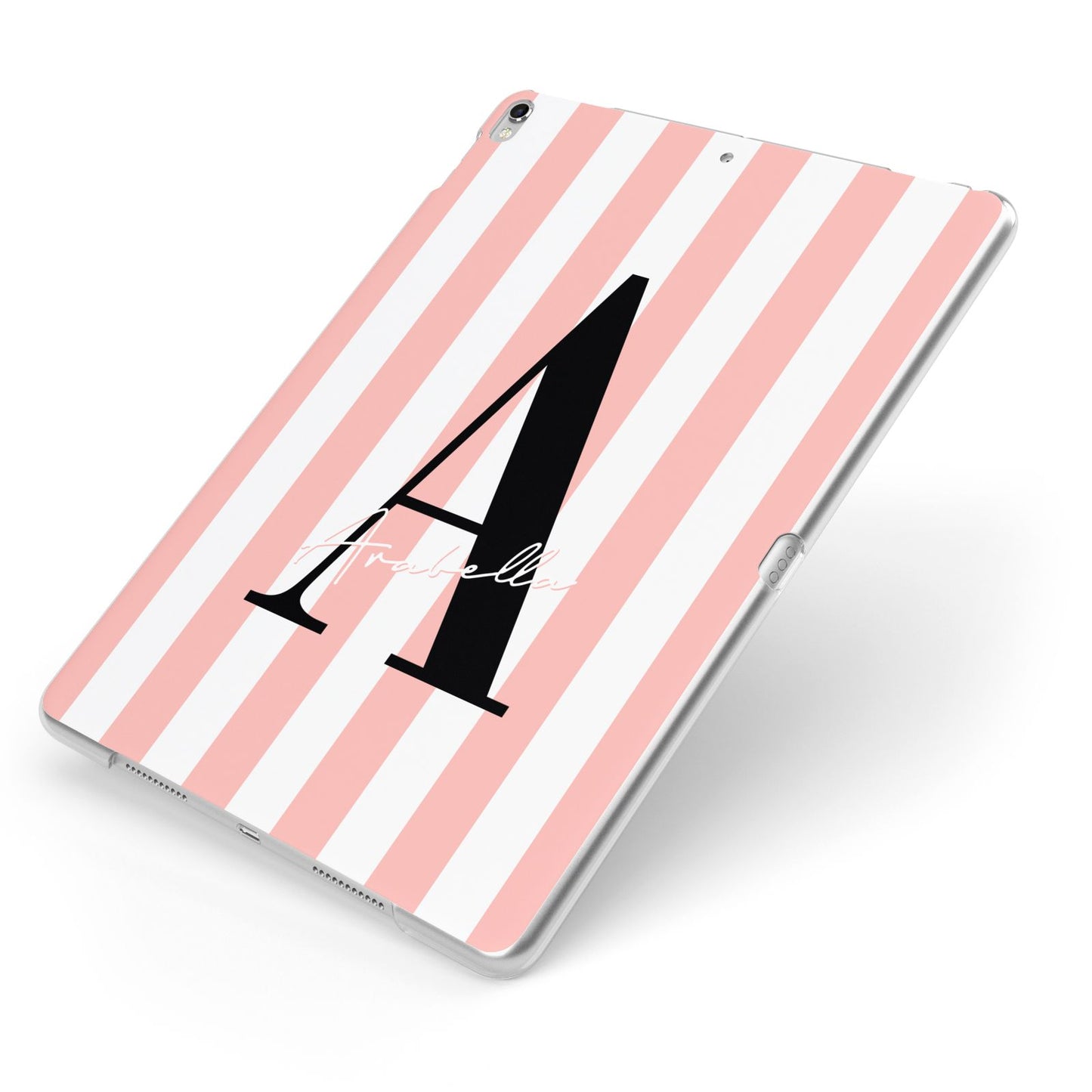 Personalised Pink Striped Initial Apple iPad Case on Silver iPad Side View