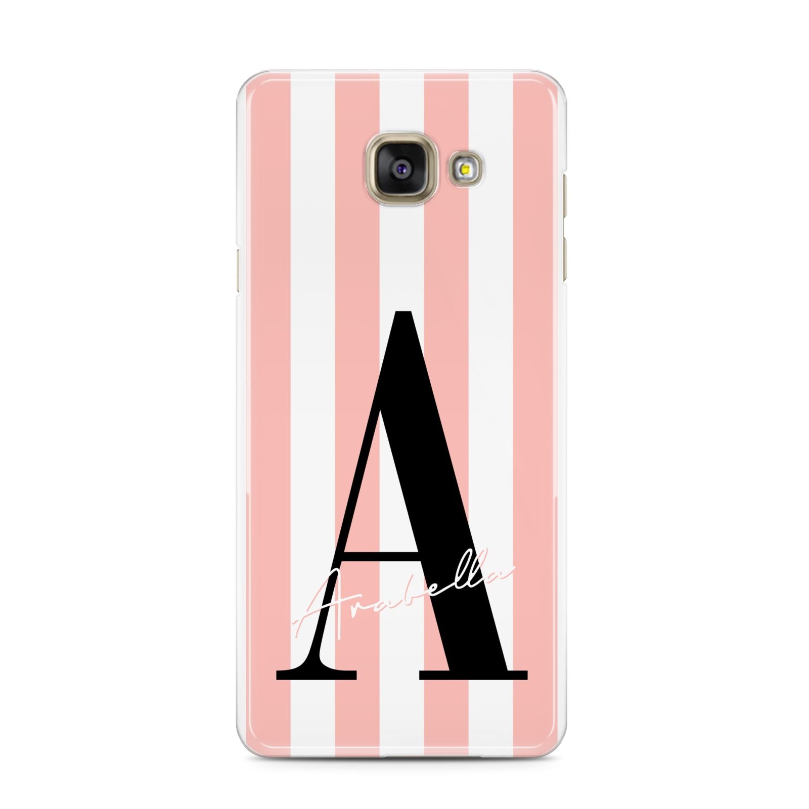 Personalised Pink Striped Initial Samsung Galaxy A3 2016 Case on gold phone