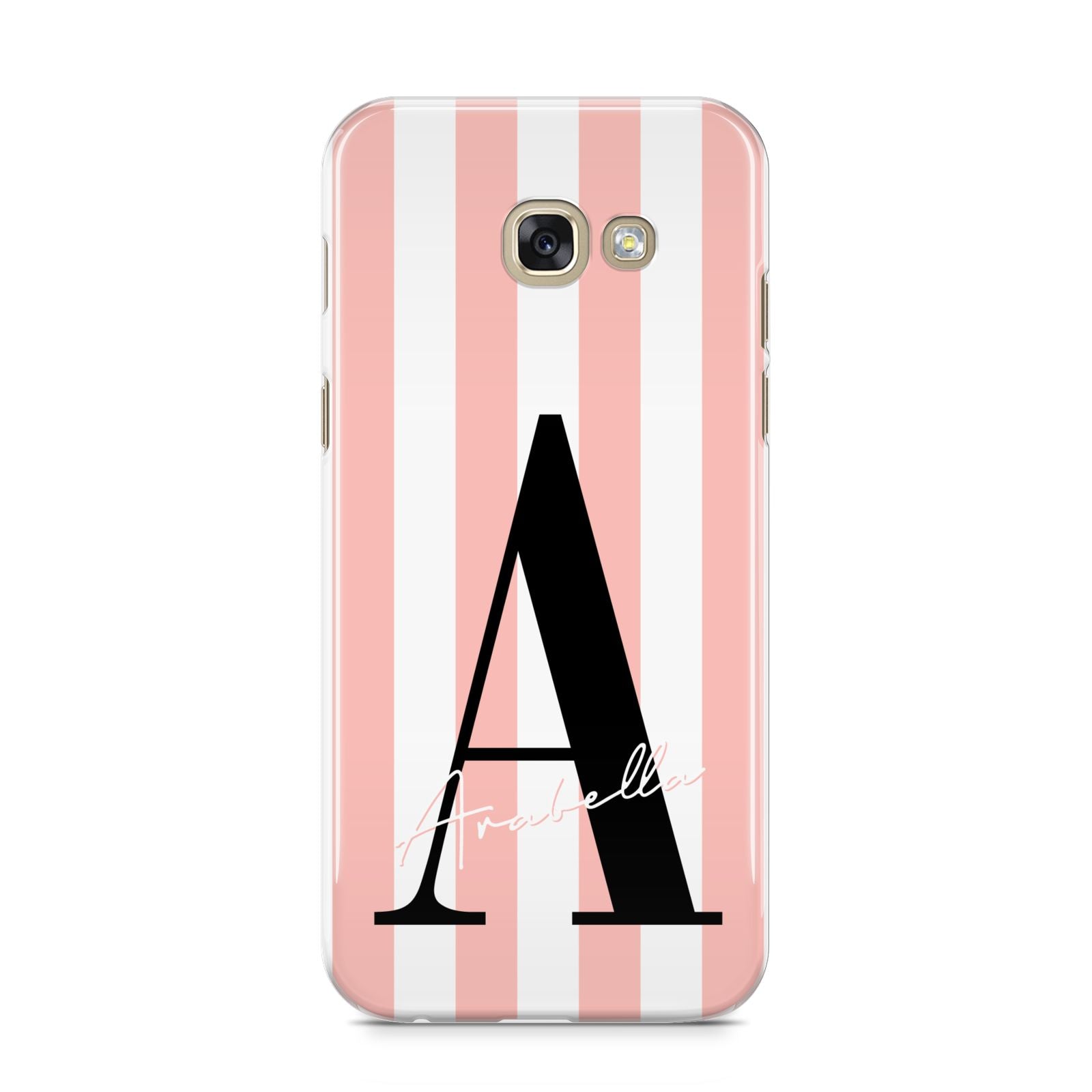 Personalised Pink Striped Initial Samsung Galaxy A5 2017 Case on gold phone