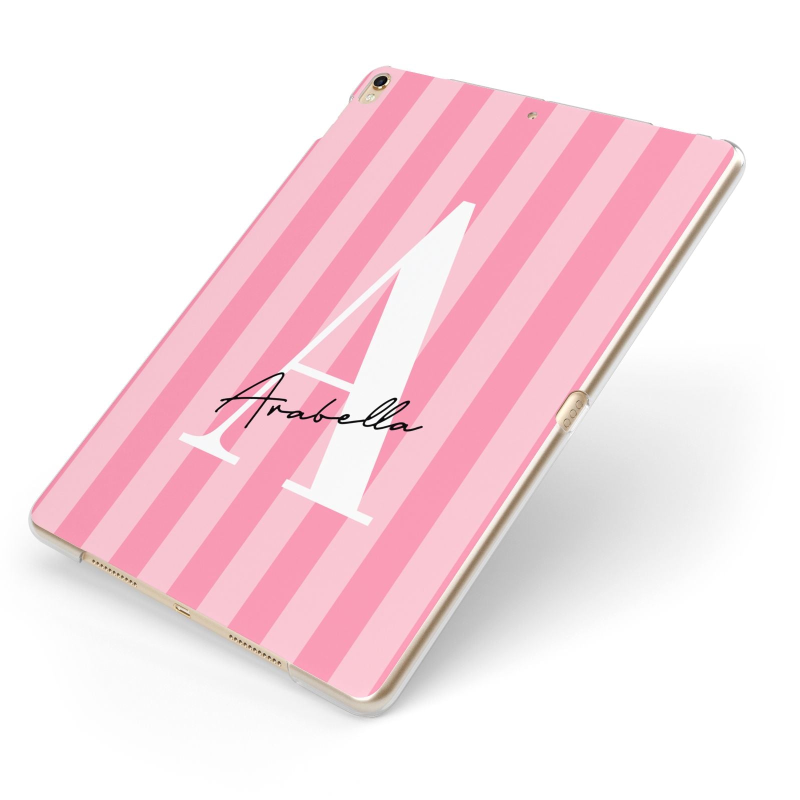 Personalised Pink Stripes Initial Apple iPad Case on Gold iPad Side View