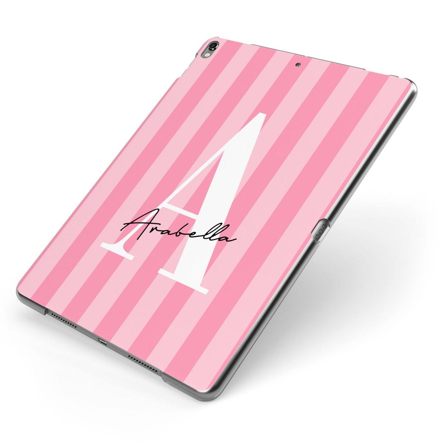 Personalised Pink Stripes Initial Apple iPad Case on Grey iPad Side View