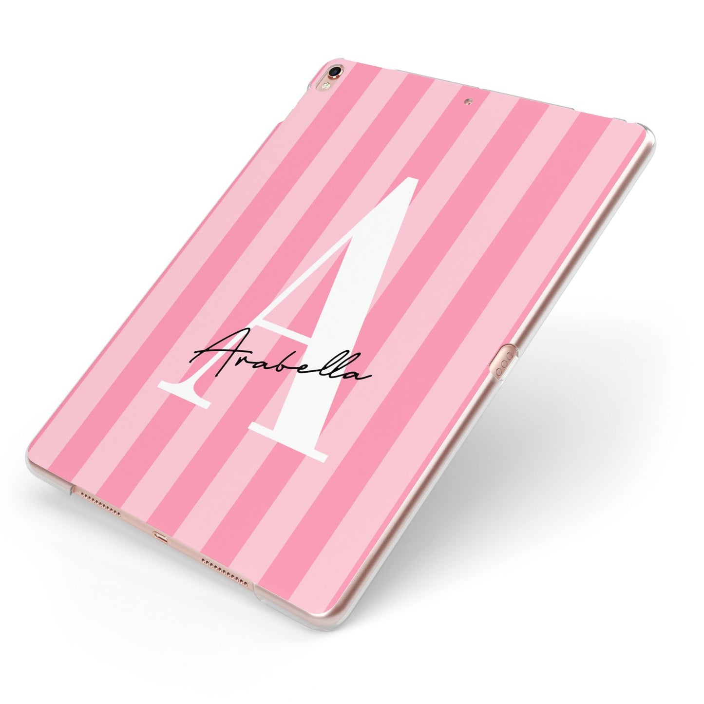 Personalised Pink Stripes Initial Apple iPad Case on Rose Gold iPad Side View