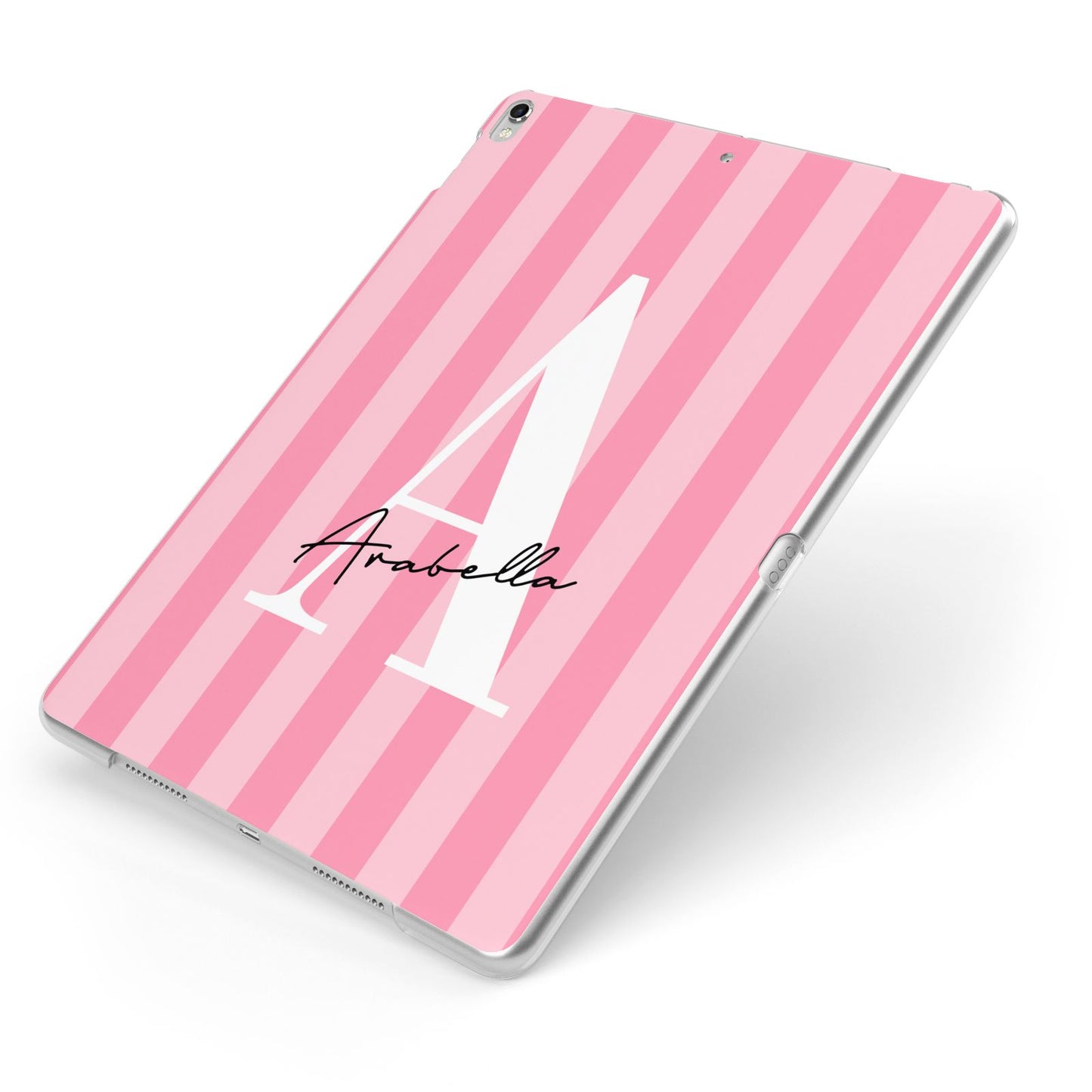 Personalised Pink Stripes Initial Apple iPad Case on Silver iPad Side View