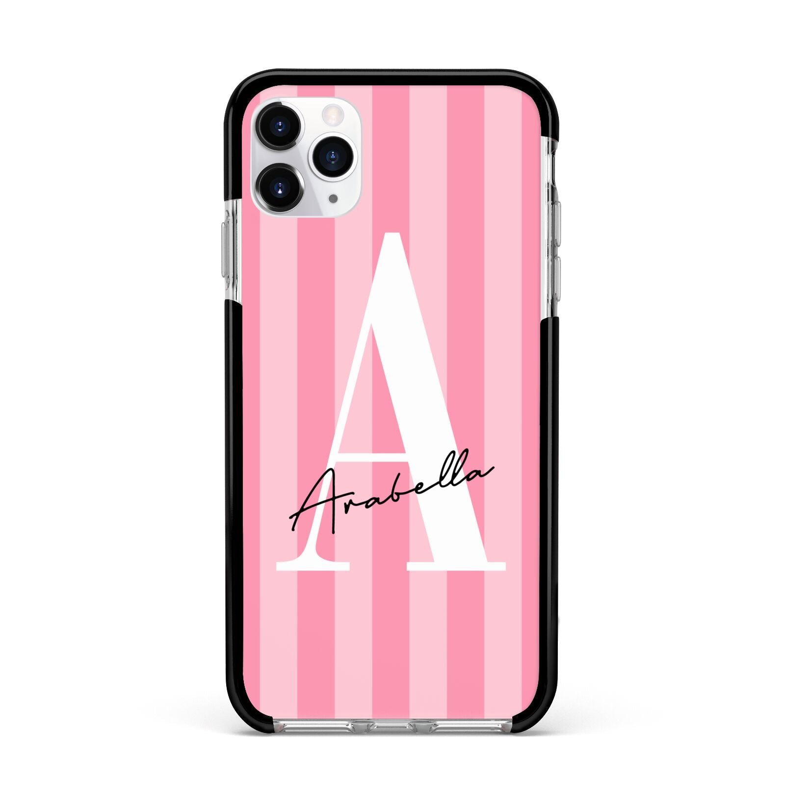 Personalised Pink Stripes Initial Apple iPhone 11 Pro Max in Silver with Black Impact Case
