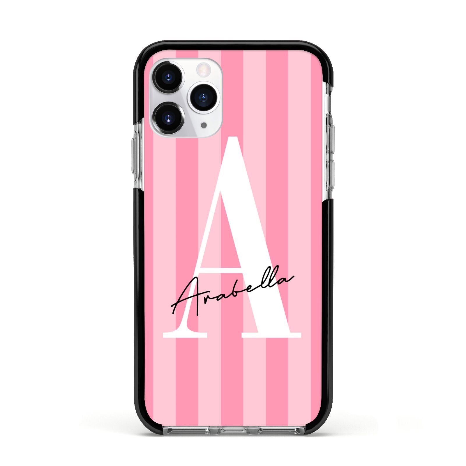 Personalised Pink Stripes Initial Apple iPhone 11 Pro in Silver with Black Impact Case