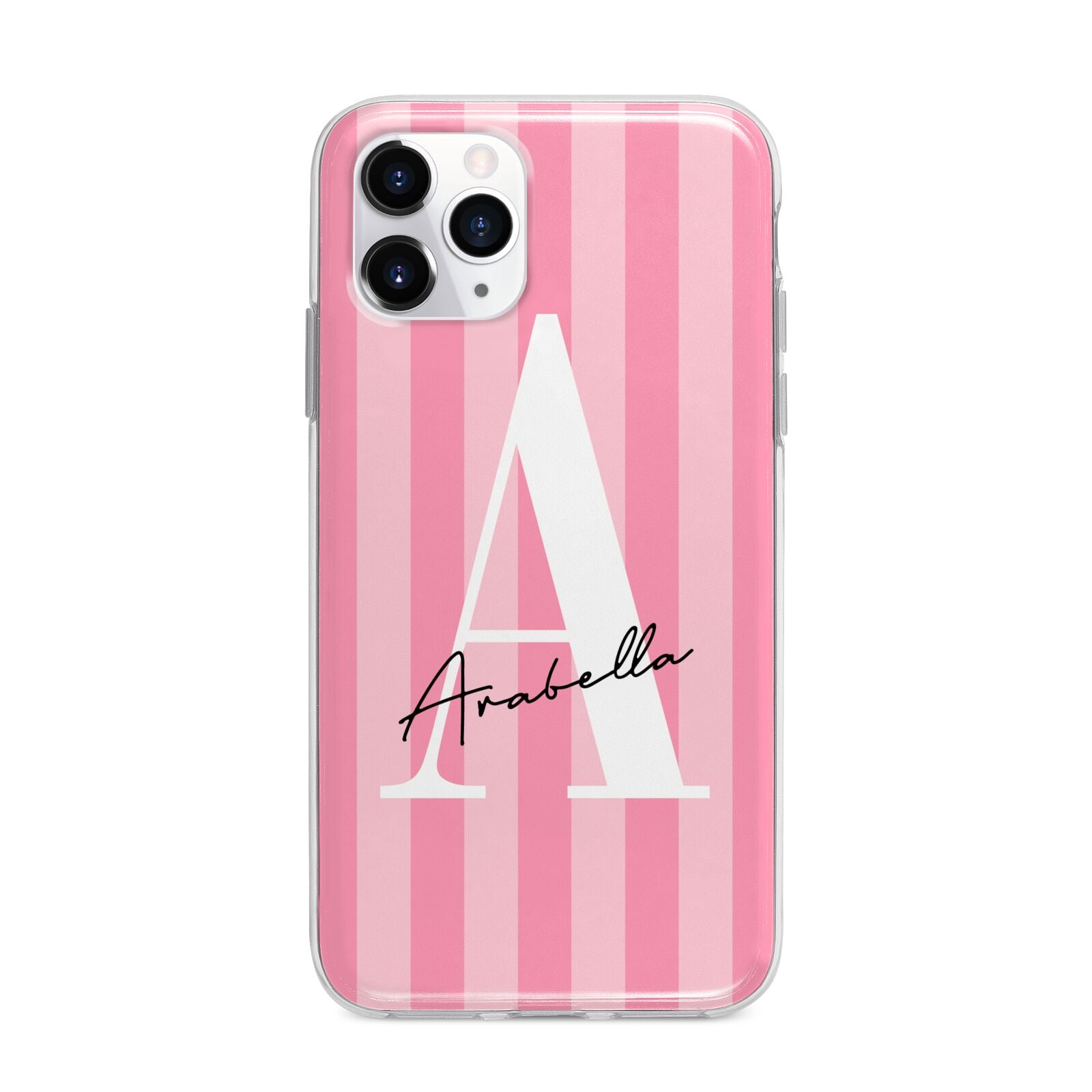 Personalised Pink Stripes Initial Apple iPhone 11 Pro in Silver with Bumper Case
