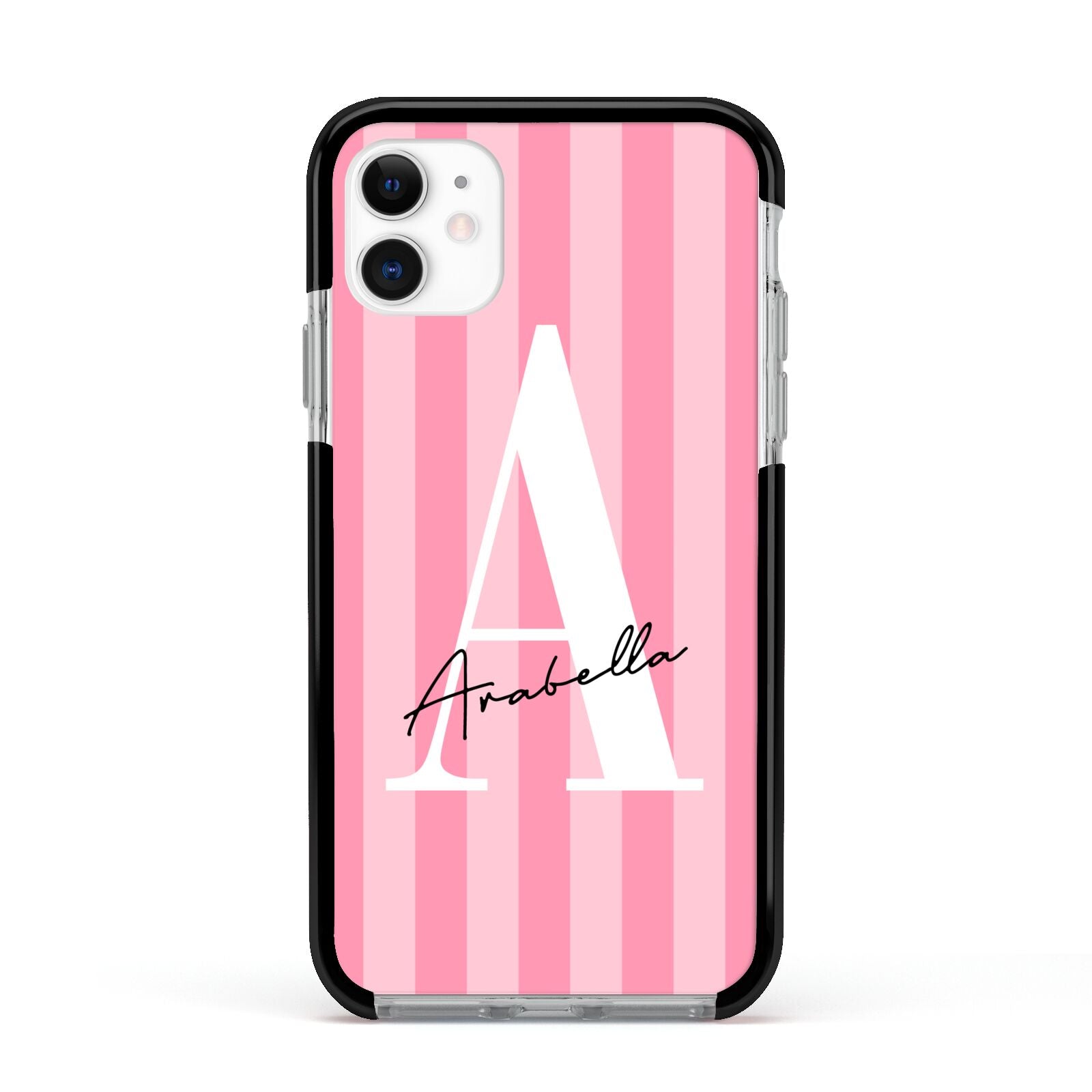 Personalised Pink Stripes Initial Apple iPhone 11 in White with Black Impact Case